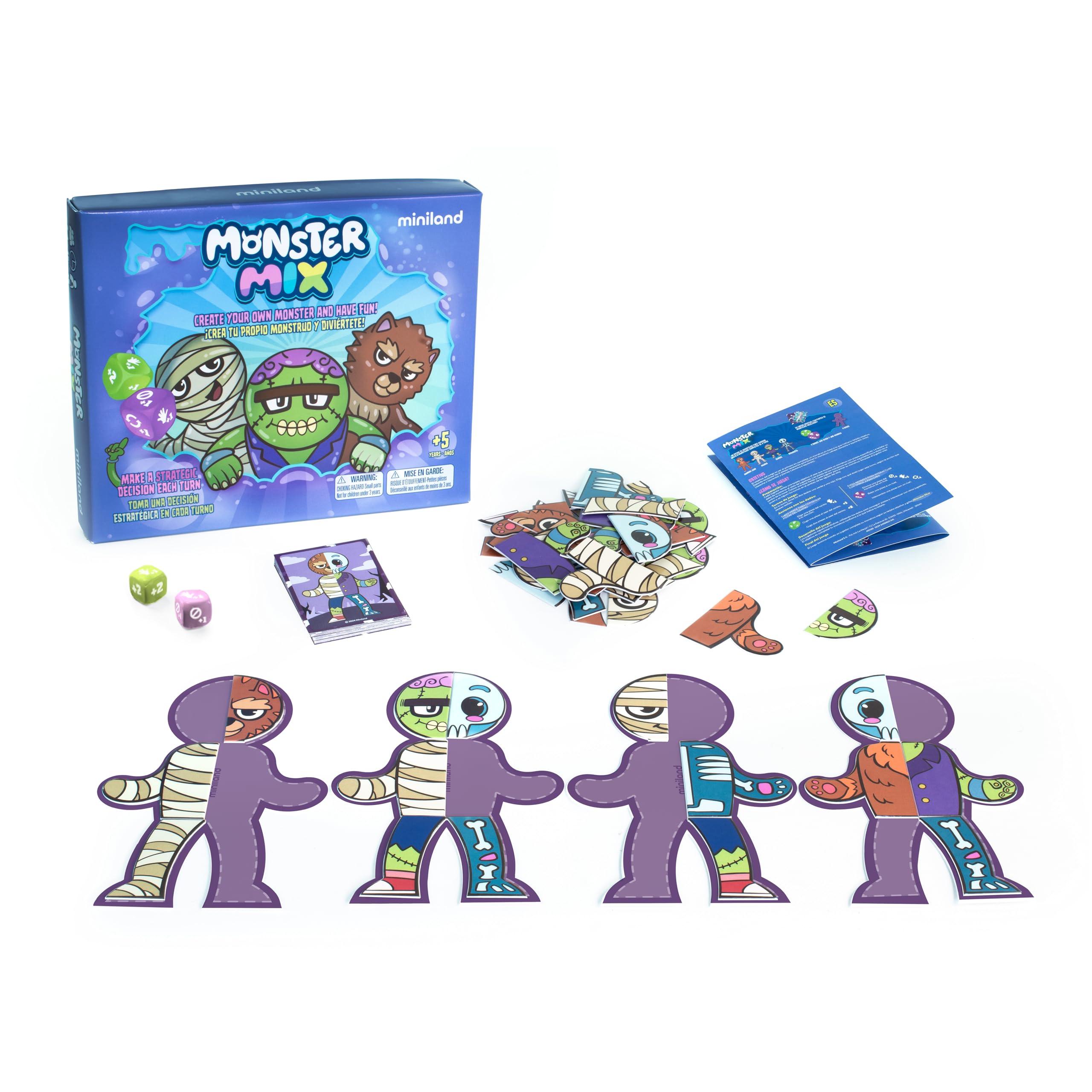 Miniland - Monster Mix | Monster-Creating Board Game for Kids 5+, with 48 Pieces, Challenge Cards and Dice