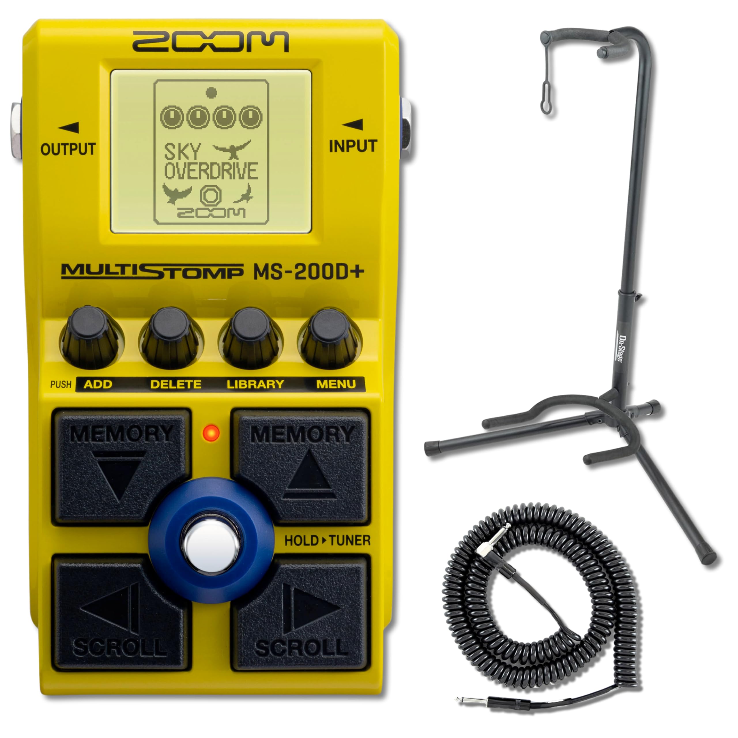 Zoom MS-200D+ MultiStomp Overdrive and Distortion Pedal with XCG-4 Classic Guitar Stand and Coiled Guitar Cable