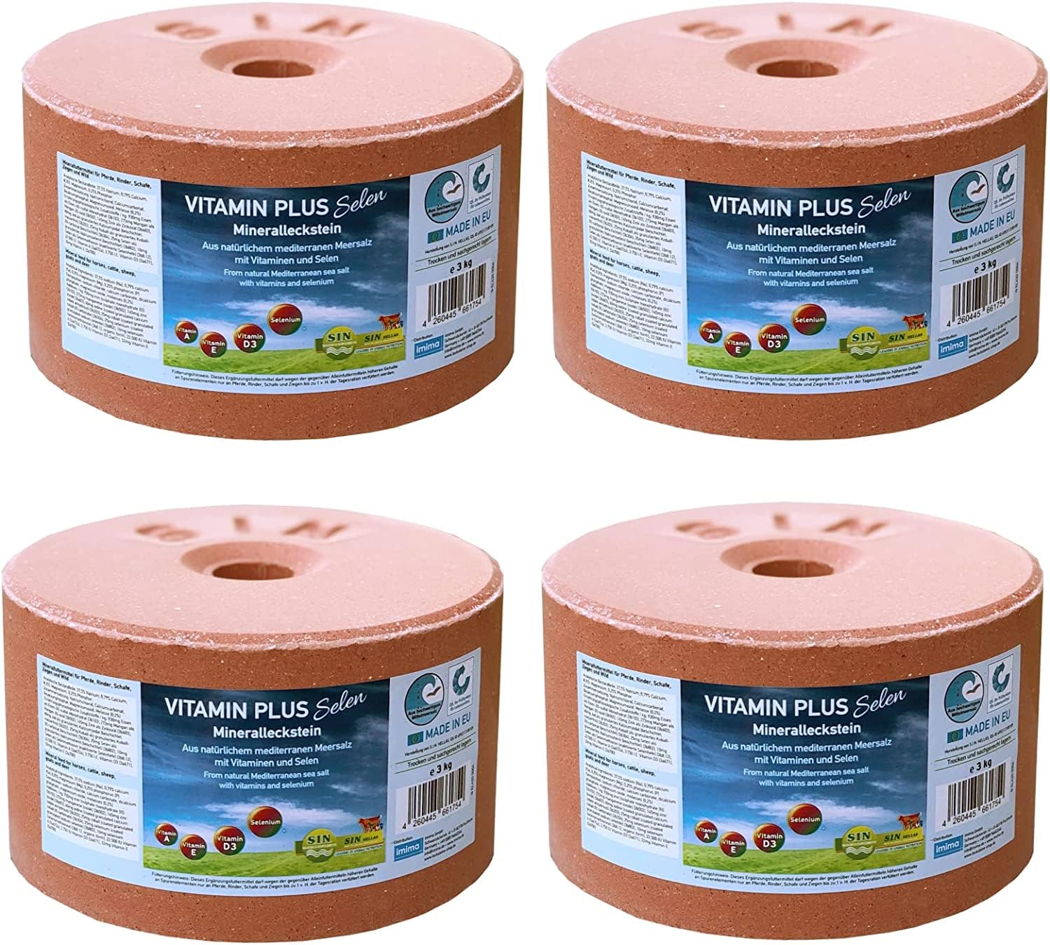 Mineral Lick Horse VITAMIN PLUS Selenium Salt Lick Set 4 x 3kg - Pierres pour lécher le sel pour chevaux, moutons, chèvres, gibier et bovins - Pierre minérale pour lécher le sel
