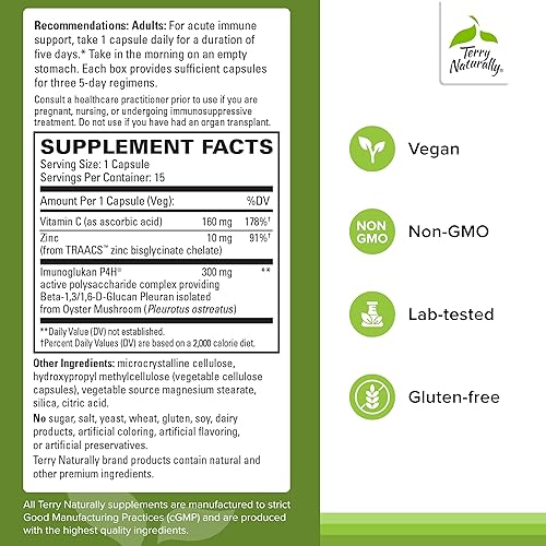 Miniatura 2 de Terry Naturally PleuraMax Extra Strength -Upper Respiratory Health Supplement -Sourced from Oyster Mushrooms -Includes Vitamin C & Zinc for Immune