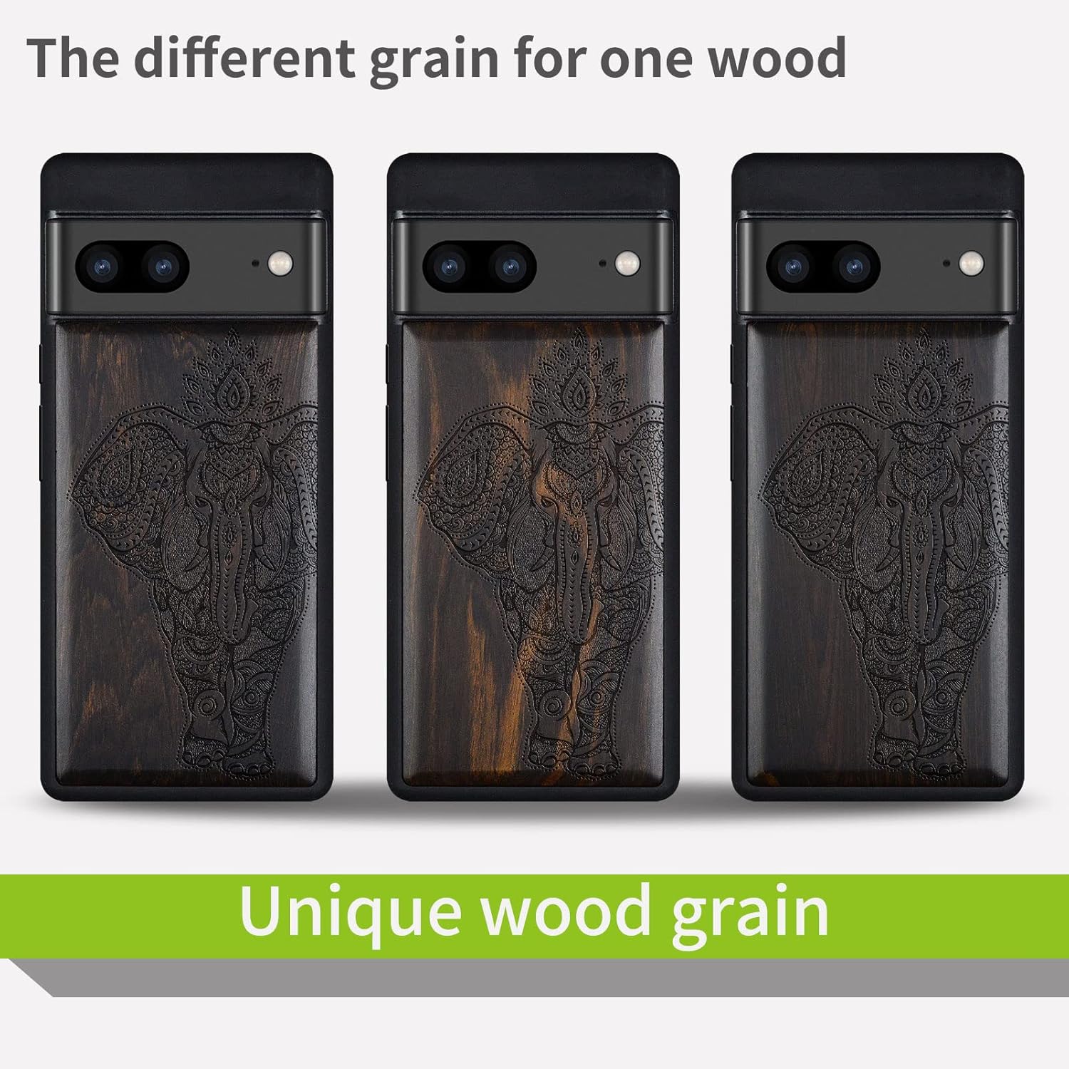 Carveit Wood Case for Pixel 7 Case [Natural Wood & Black Soft TPU] Shockproof Protective Unique Wooden Cover Compatible with Google Pixel 7 (Indian Lotus Elephant-Blackwood)