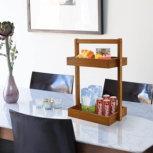 Miniatura 7 de Utoplike Organizador de Ducha de Esquina de Madera de Teca, Organizador de Baño de Encimera de 2 Niveles, Estante de Ducha de Pie con Mango, Cesta