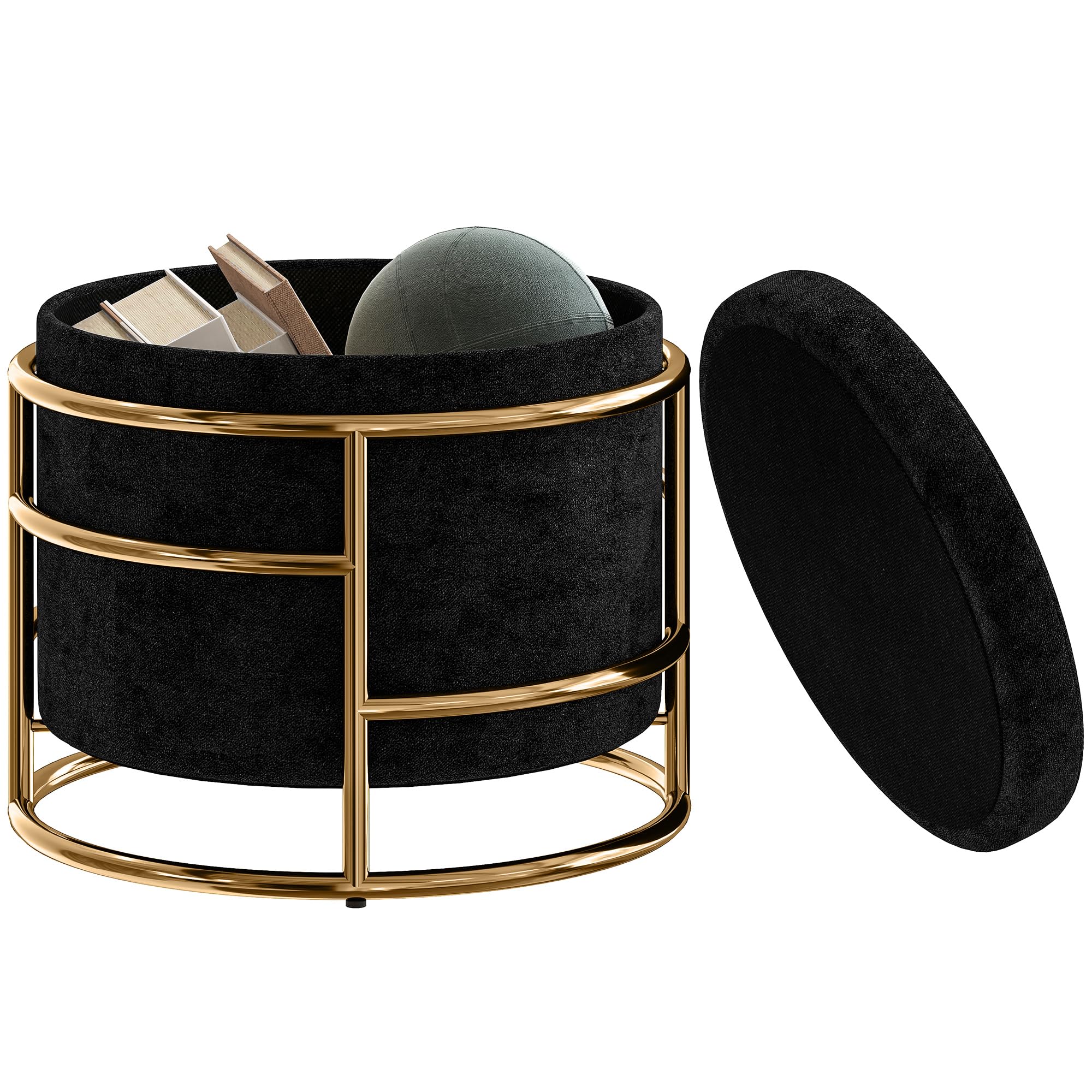 HOMCOM Pouf de rangement - Petit tabouret avec couvercle - Tabouret rond rembourré avec cadre en acier - Repose-pieds pour salon, chambre à coucher - 42 x 42 x 39 cm - Noir