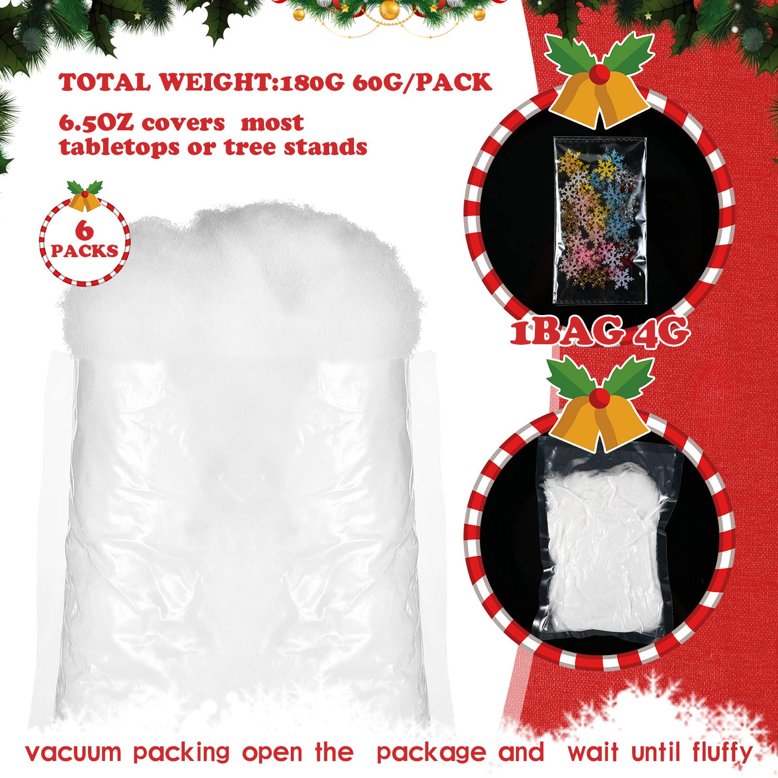 6 Bags Christmas Fake Snow Fluffy Artificial Snow with Glitter Christmas Snowflake Confetti Fake Indoor Snow Blanket Realistic Snow Decor with Gold Silver Snowflake Confetti for Winter Mantle Village