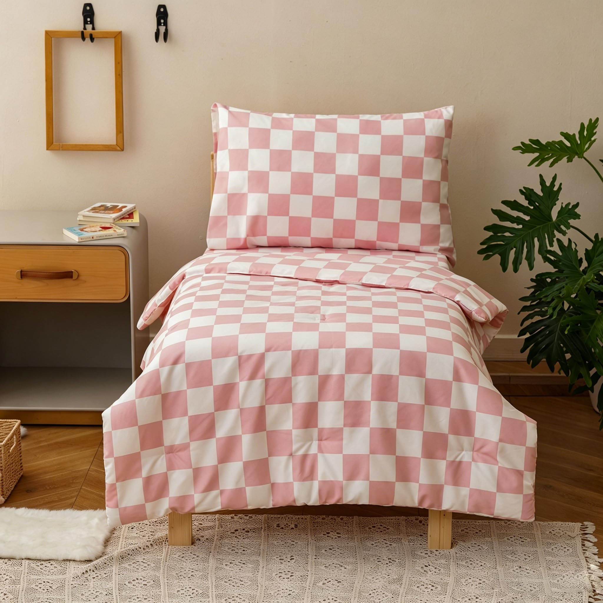 KAREVER Grid Toddler Bedding Set Pink White Checkered 4 Pieces Crib Bed Set Kids Pliad Comforter Set