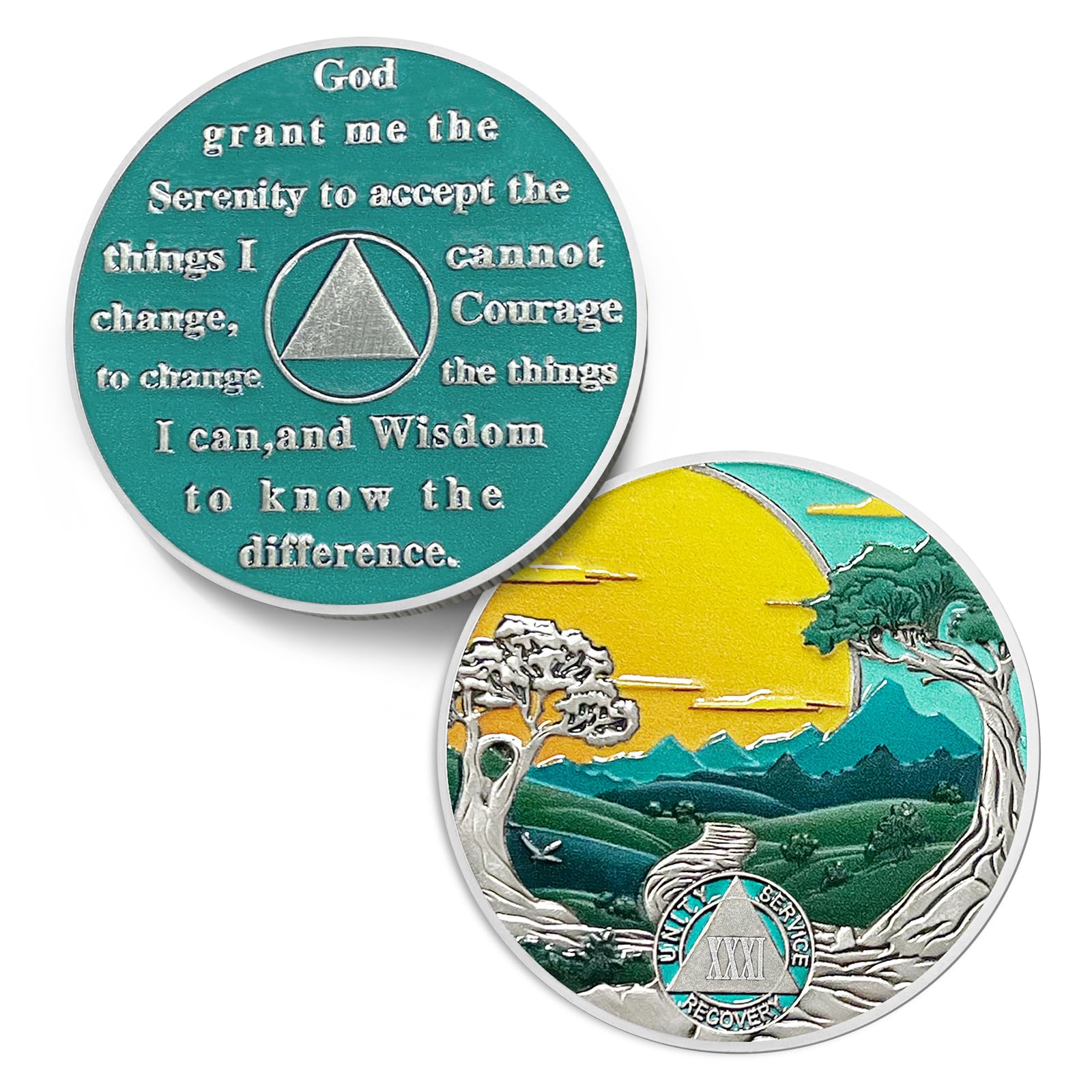 Green Forest 31 Year Sobriety Coin - Recovery Sun Twelve Year AA Coins - Mountain Tree Road NA AA Chips and Medallions - 1-40 Prime Sobriety Chip Alcoholics Anonymous Gifts for Men Women