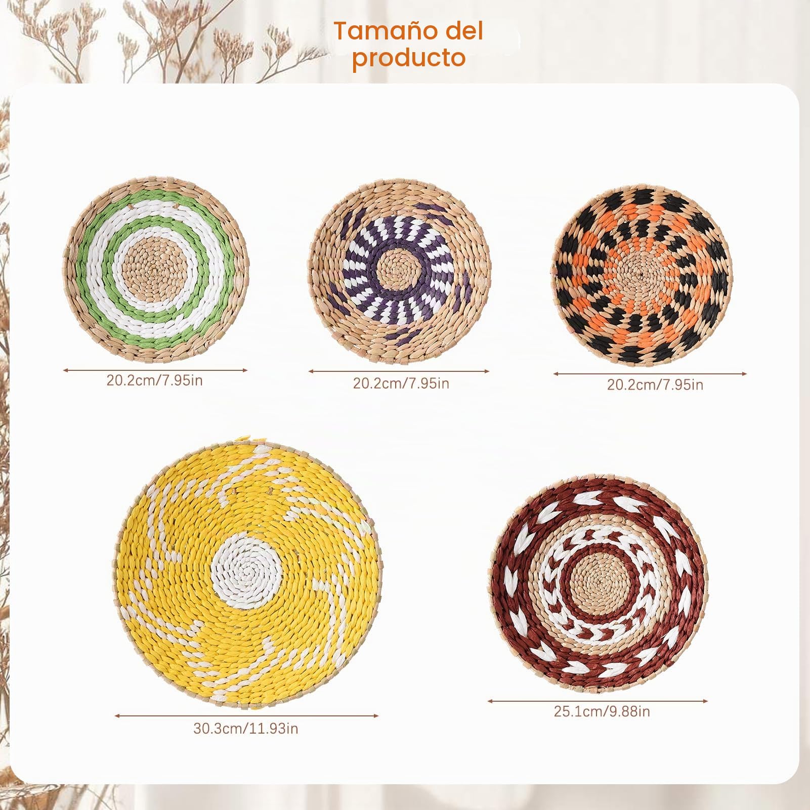 MOTUZP Cestas de Pared Tejidas Boho, Juego de 5 Cestas de Pared Tejidas Hechas a Mano, Decoración de Pared de Ratán para Sala de Estar o Dormitorio