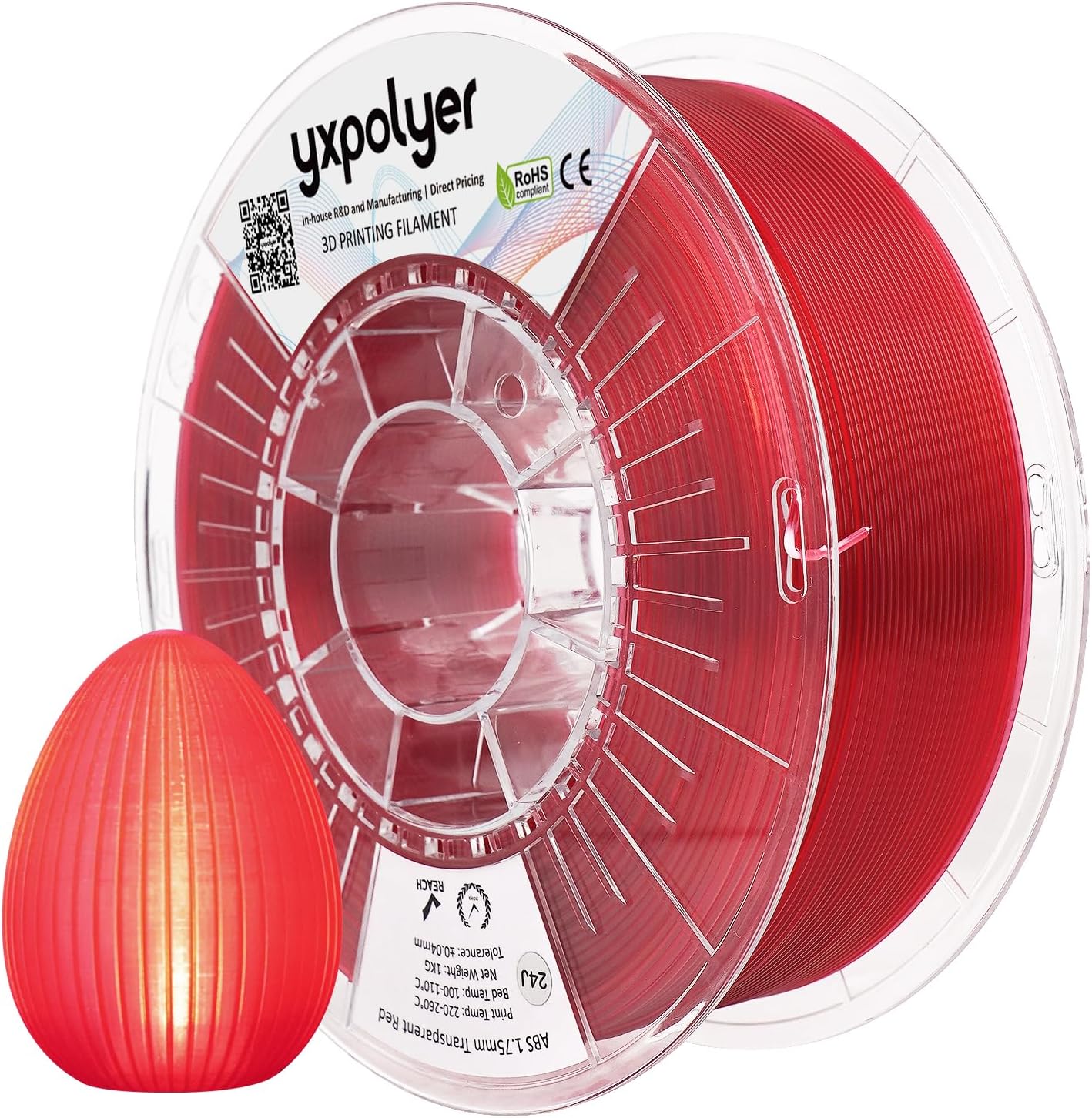 3D Printer Filament Clear ABS Filament Low Odor 220℃ Low Temp High Speed 3D Printing Filament 1.75mm 1kg, Transparent Red