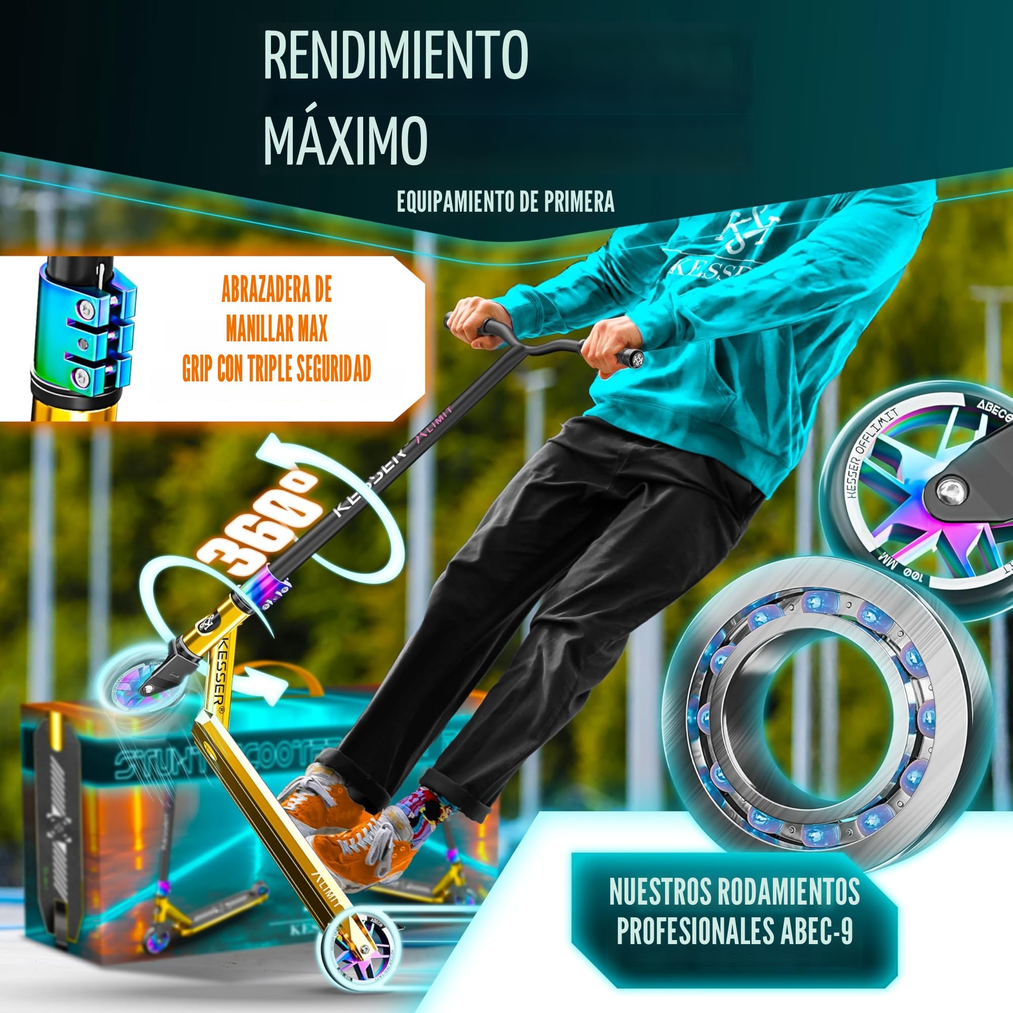 KESSER® Patinete acrobático X-Limit-Pro, Funscooter con dirección de 360Ḟ, Patinete acrobático con Soporte, rodamientos de Bolas ABEC 9, Ruedas de PU de 110 mm, Patinete Scooter,