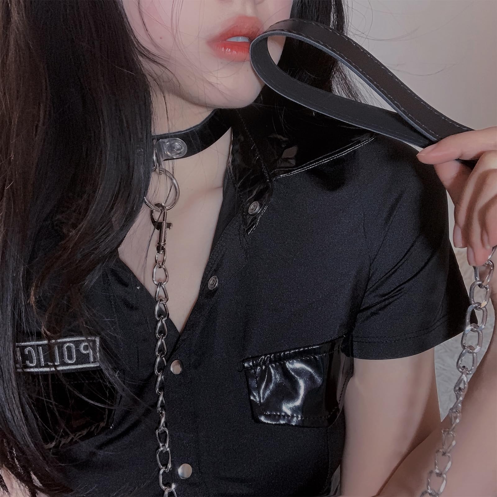 Set girocollo e guinzaglio in pelle nera vintage da donna, con collare a campana e guinzaglio, set collana in morbida pelle sintetica per Halloween gotico cosplay