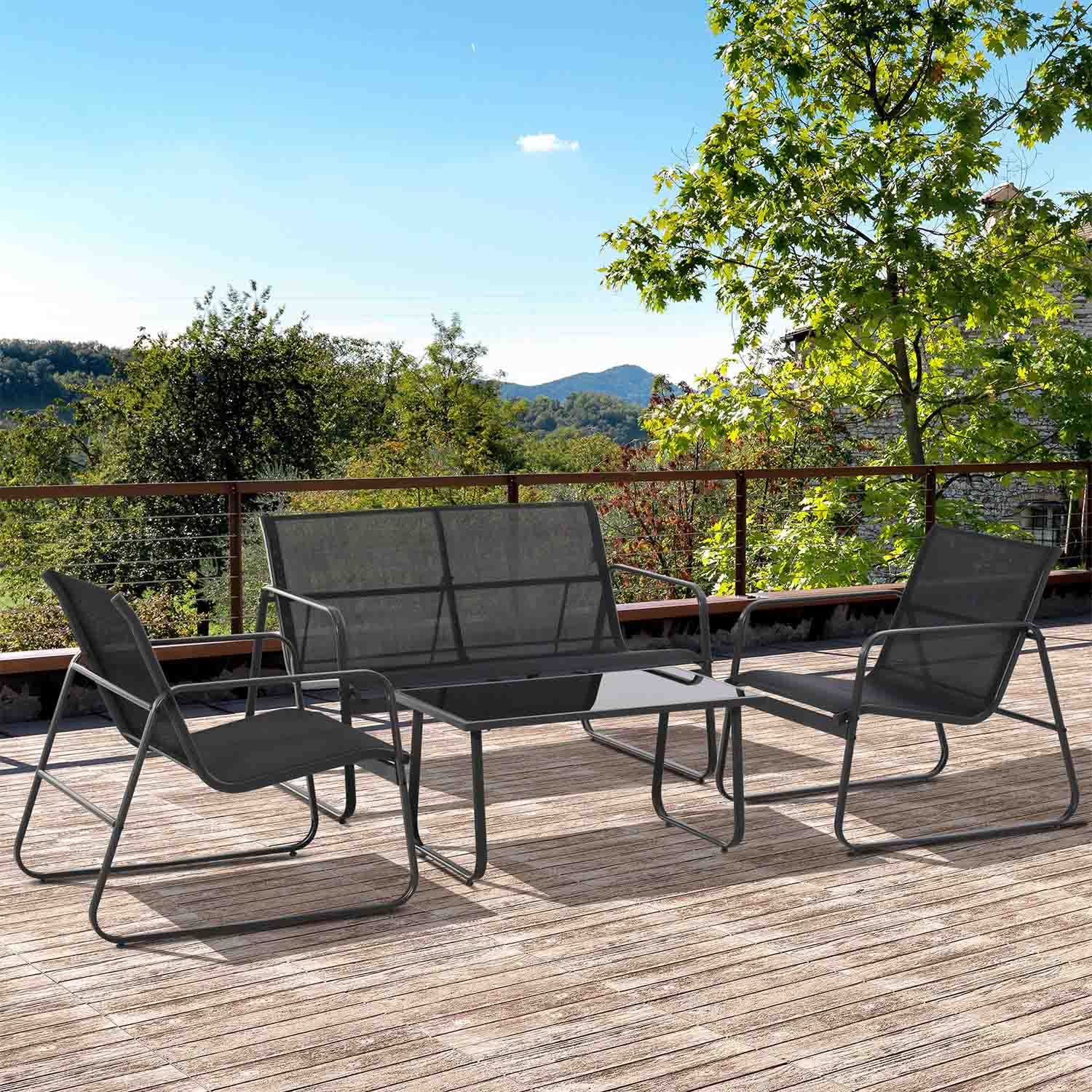 FRANKYSTAR Sakura - Salottino da giardino di design con divanetto + 2 poltrone + tavolino da caffè con ripiano in vetro. Set lounge da esterno 4 pezzi in metallo e textilene. Nero.
