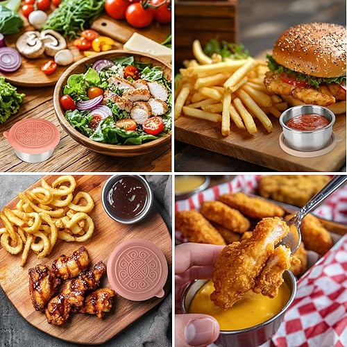 Vista 5 de 3 tazas de aderezo de acero inoxidable de 1.6 onzas con tapa de silicona a prueba de fugas, recipiente de salsa reutilizable, caja de condimentos