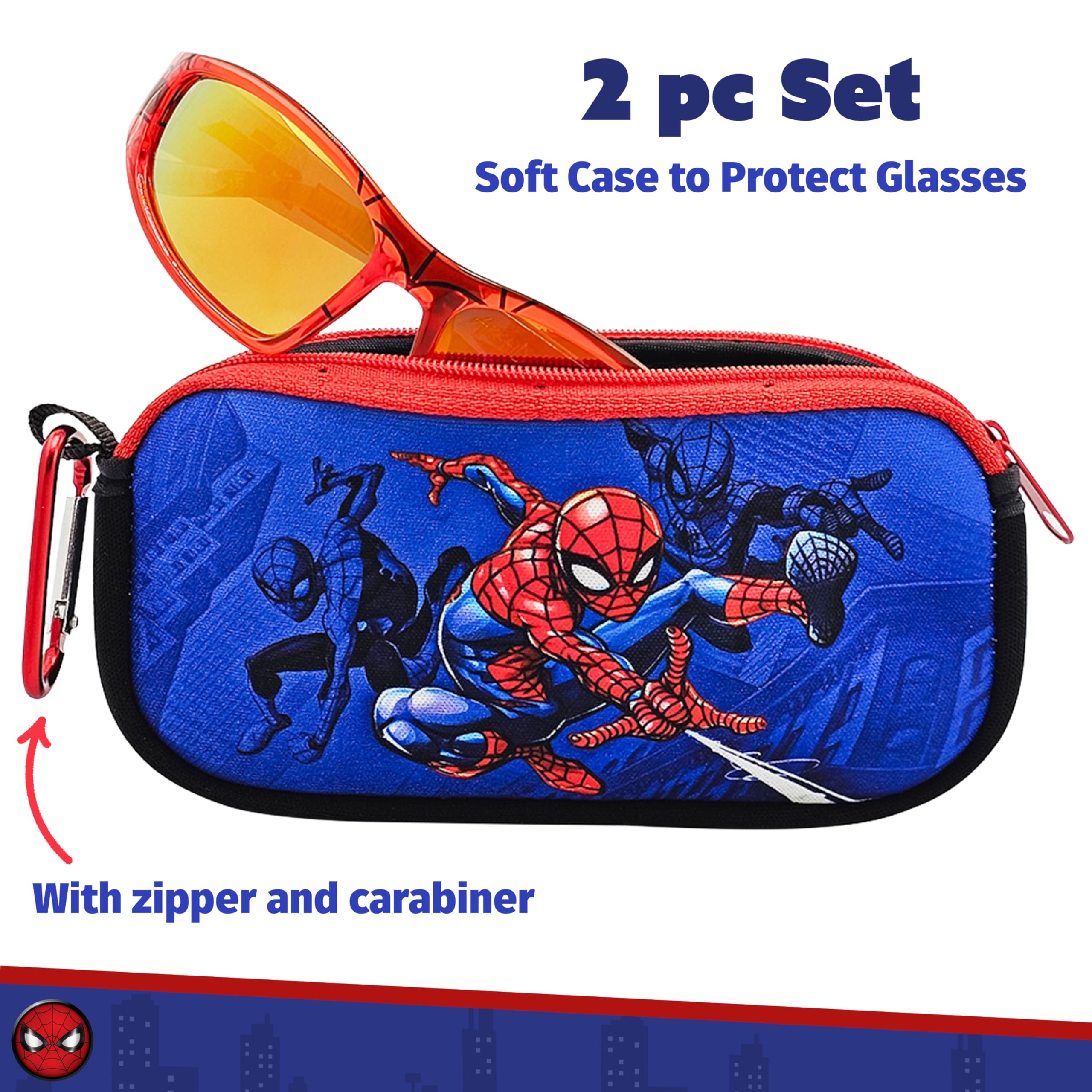 Arkaid Gafas de sol Spider-Man con funda, juego de accesorios oficiales de Marvel, lentes UV 400 seguras con funda protectora con cremallera para niños