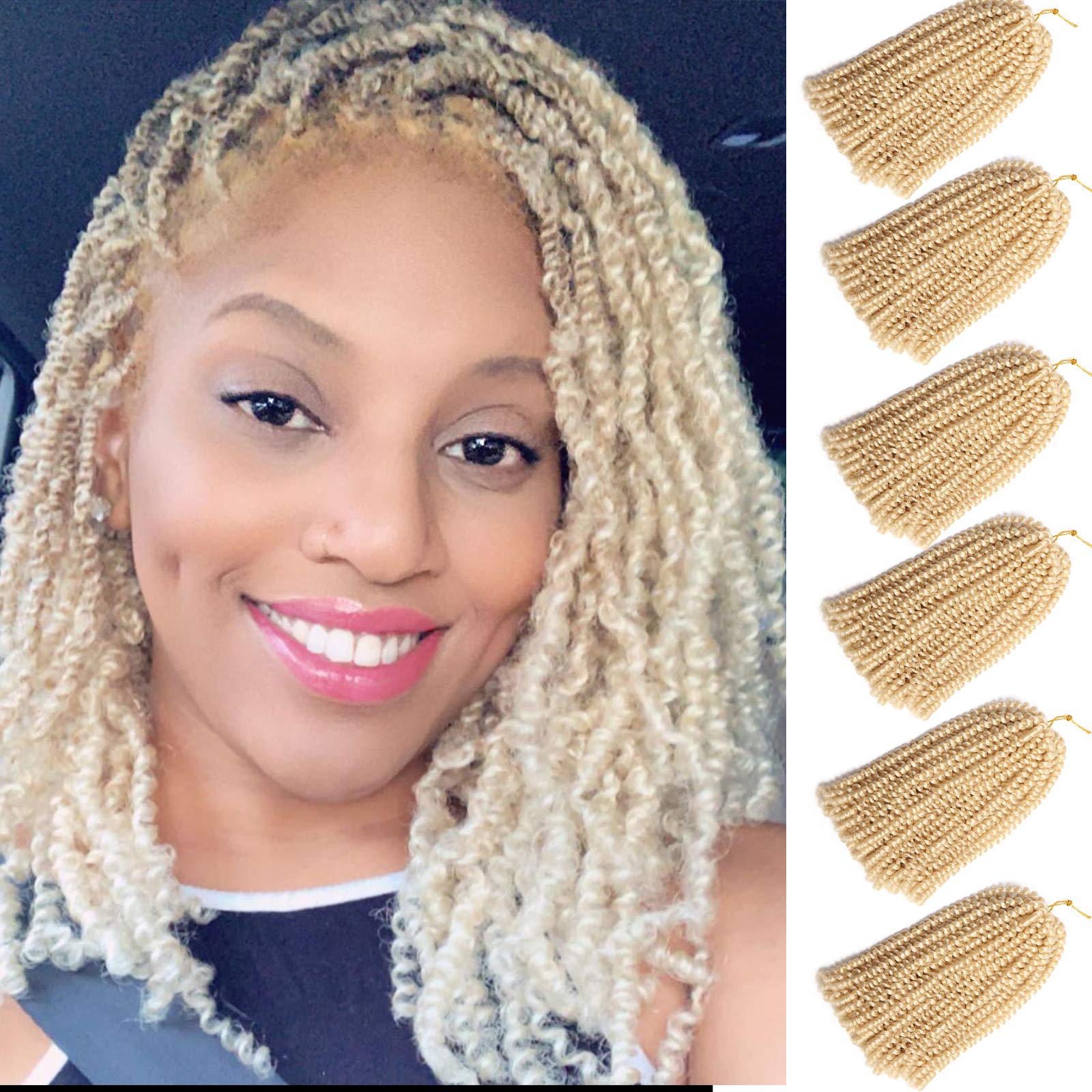 DUS Spring Twists Crochet Braiding Hair 6 Packs 12 Inch Bomb Twist Hair Ombre Colors Kanekalon Low Temperature Synthetic Fiber Fluffy Hair Extensions 15 Strands /Pack #613