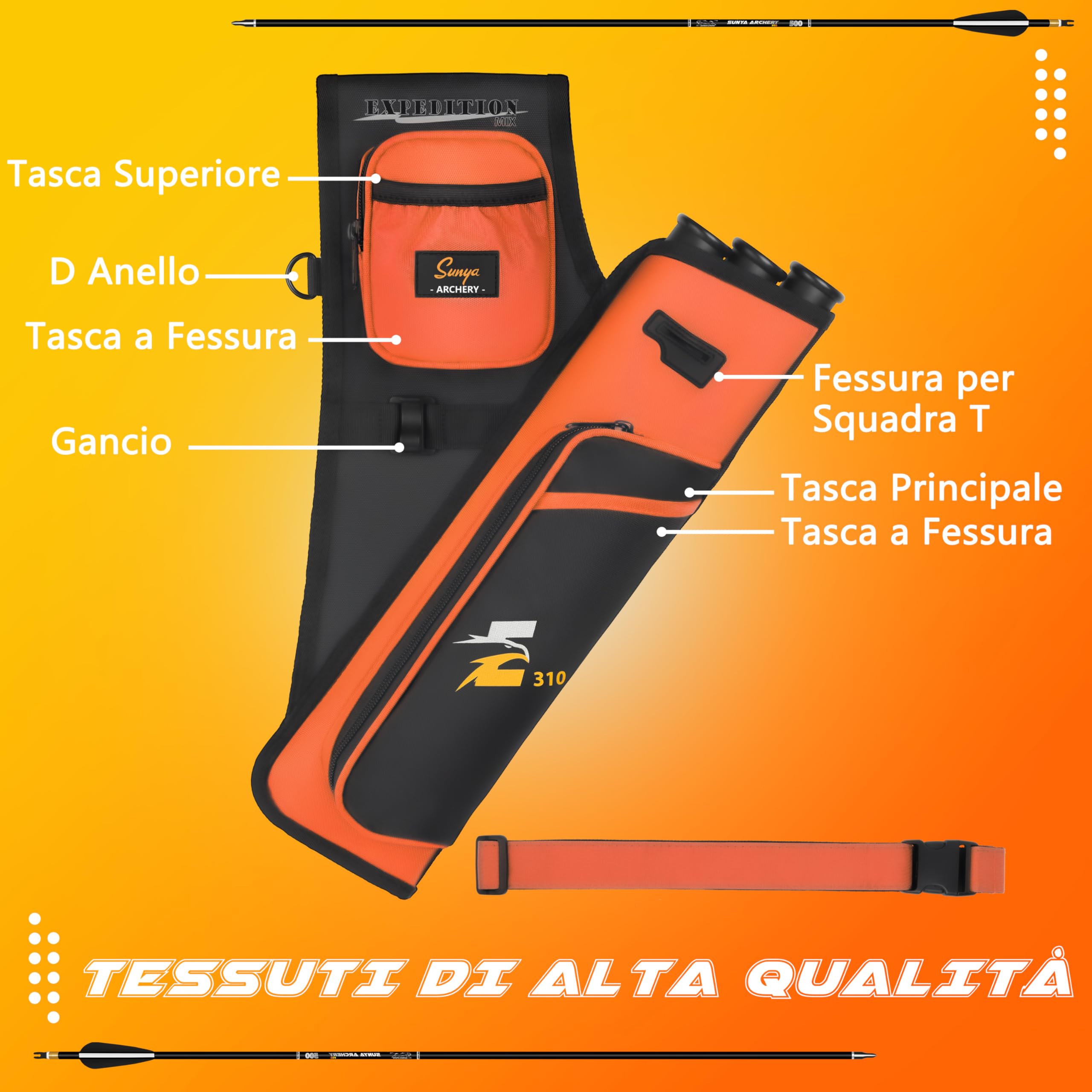 Sunya faretra per frecce Arco. Include 3 Tubi portafrecce, Tasche per Accessori e Cintura. Adatto per Archi Compound e recurve. - 3