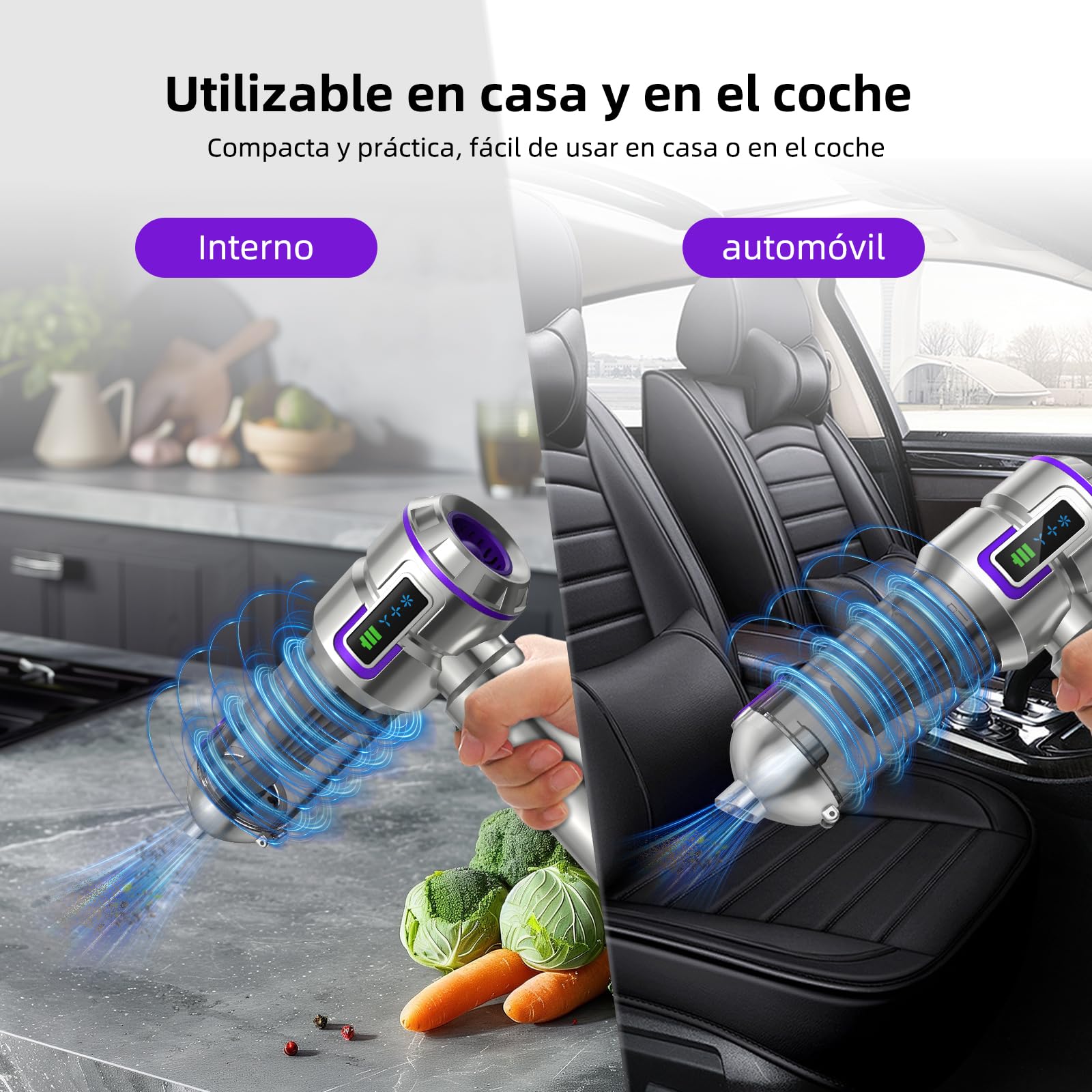 Aspirador de Mano, 25000Pa 4 en 1 Aspiradora sin Cable, Descarga de Polvo Auto-Aspirador con un Toque, Motor sin Escobillas, 3 Niveles de Succión, para el Hogar/Oficina/Coche/Pelo, Plateado