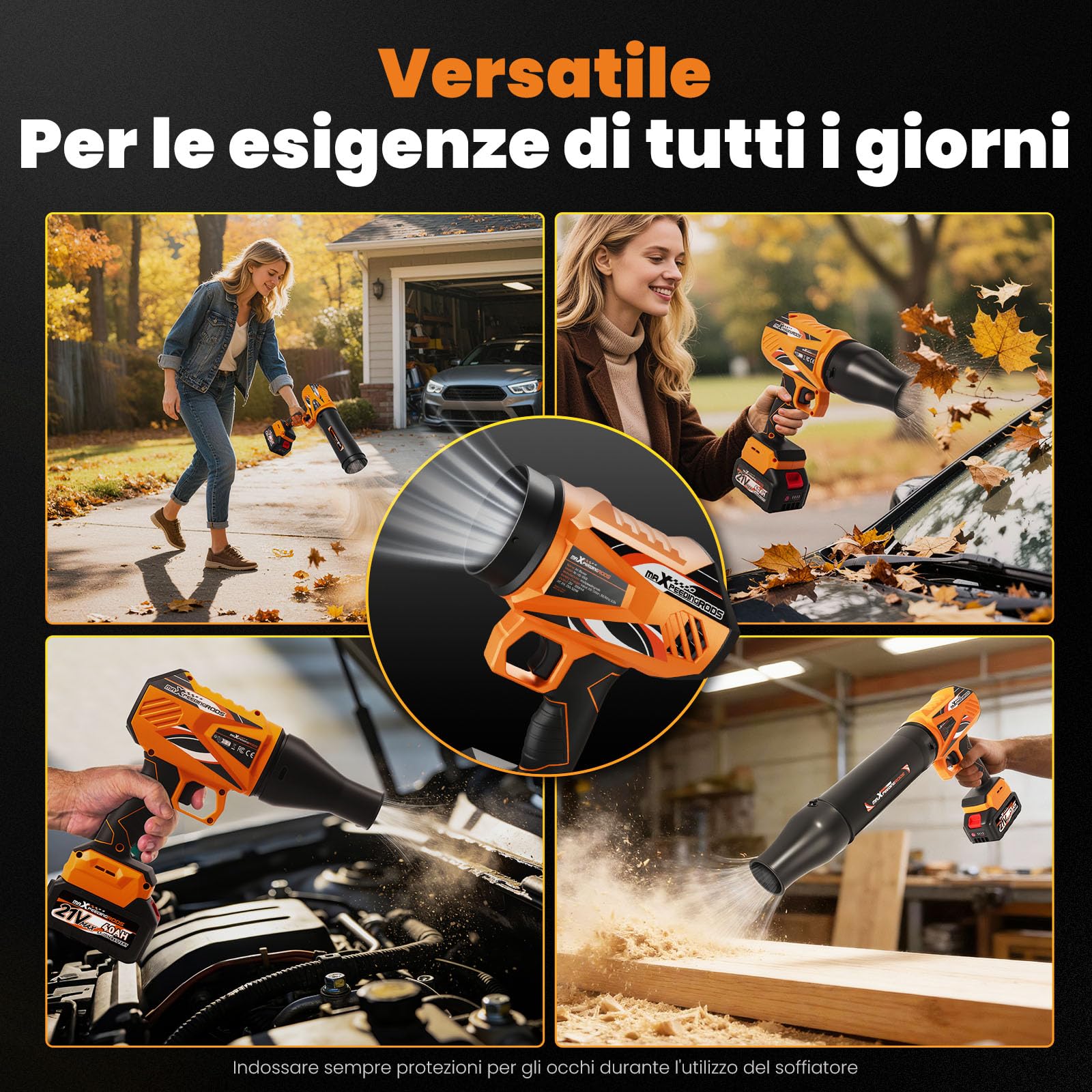 maXpeedingrods Soffiatori per foglie, Turbo Motore brushless con 2 batterie | da 4,0Ah, 193km/h e 934m³/h, 3 ugelli, Soffiatore portatile senza fili per auto, giardino, foglie, polvere e neve