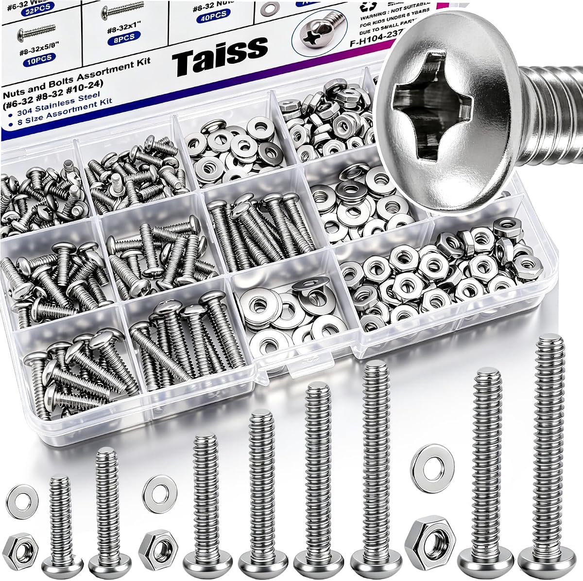 Taiss Machine Screws Nuts and Bolts Assortment Kit,304 Stainless Steel Bolts and Nuts Kit,#6-32#8-32#10-24 8 Sizes Phillips Pan Head Bolt and Nut & Washers,237PCS Machine Screw Assortment