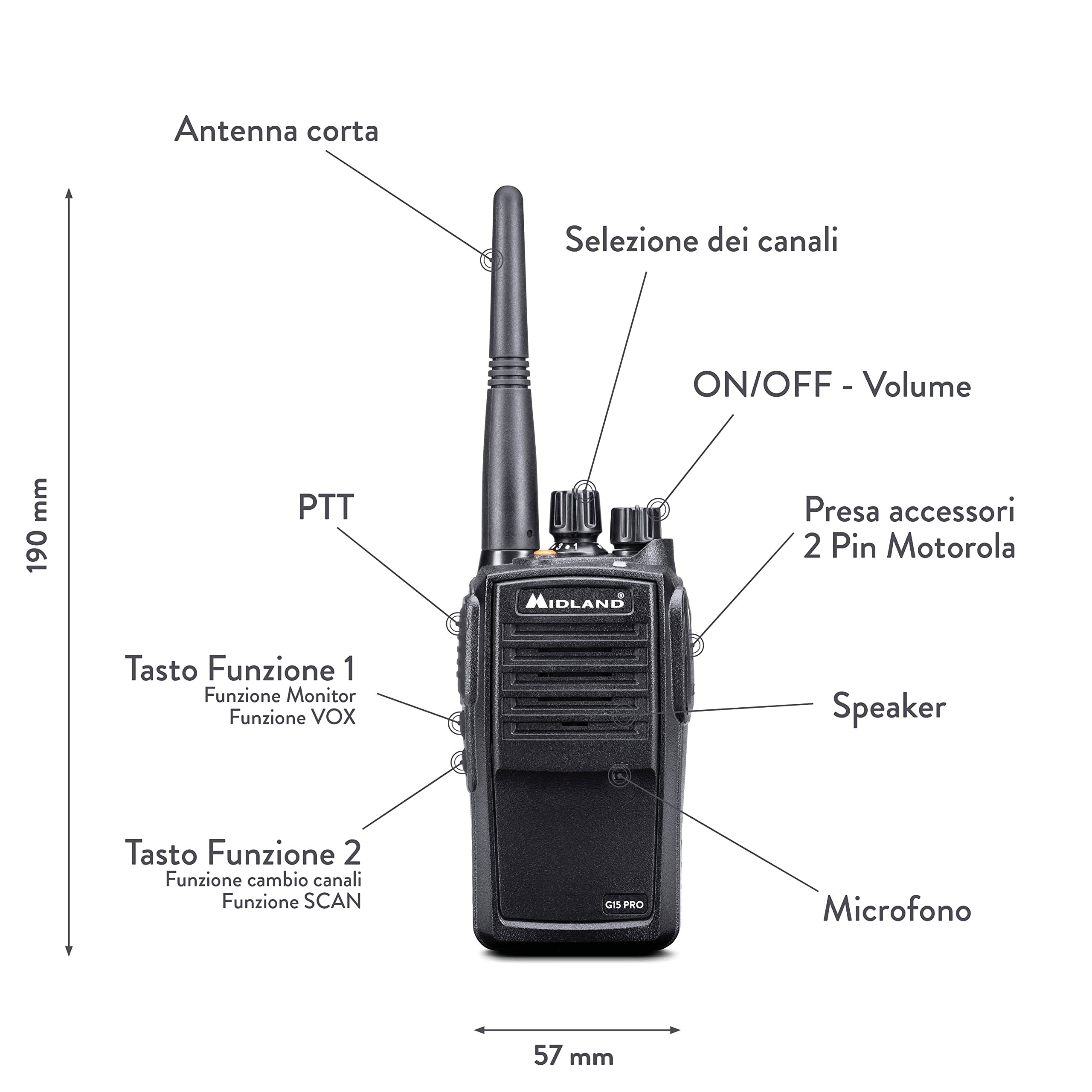 Midland - Walkie Talkie G15 PRO, Ricetrasmittenti Professionali Waterproof IP67, 32 Canali PMR446 Senza Licenza, Copertura 12Km, Autonomia 22H - Batterie Ricaricabili, Caricatore da Tavolo e Accessori