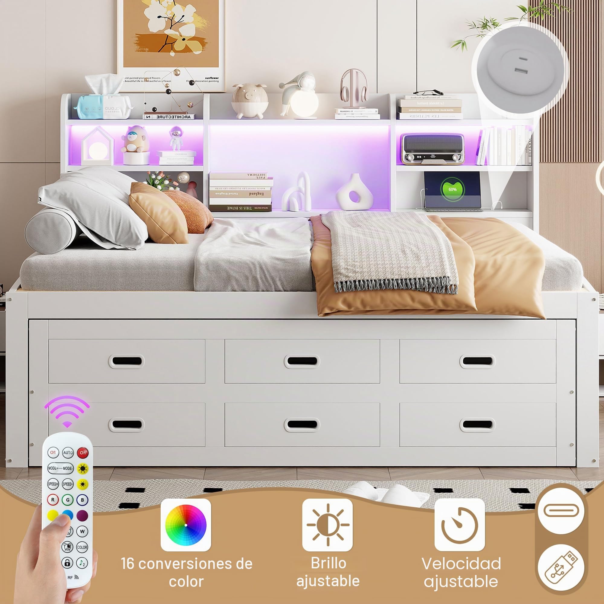 cama de día juvenil 140 x 200 cm con cama nido y 3 cajones, individual LE/D, varios compartimentos y función US/B, tablero de partículas (sin colchón, blanco)