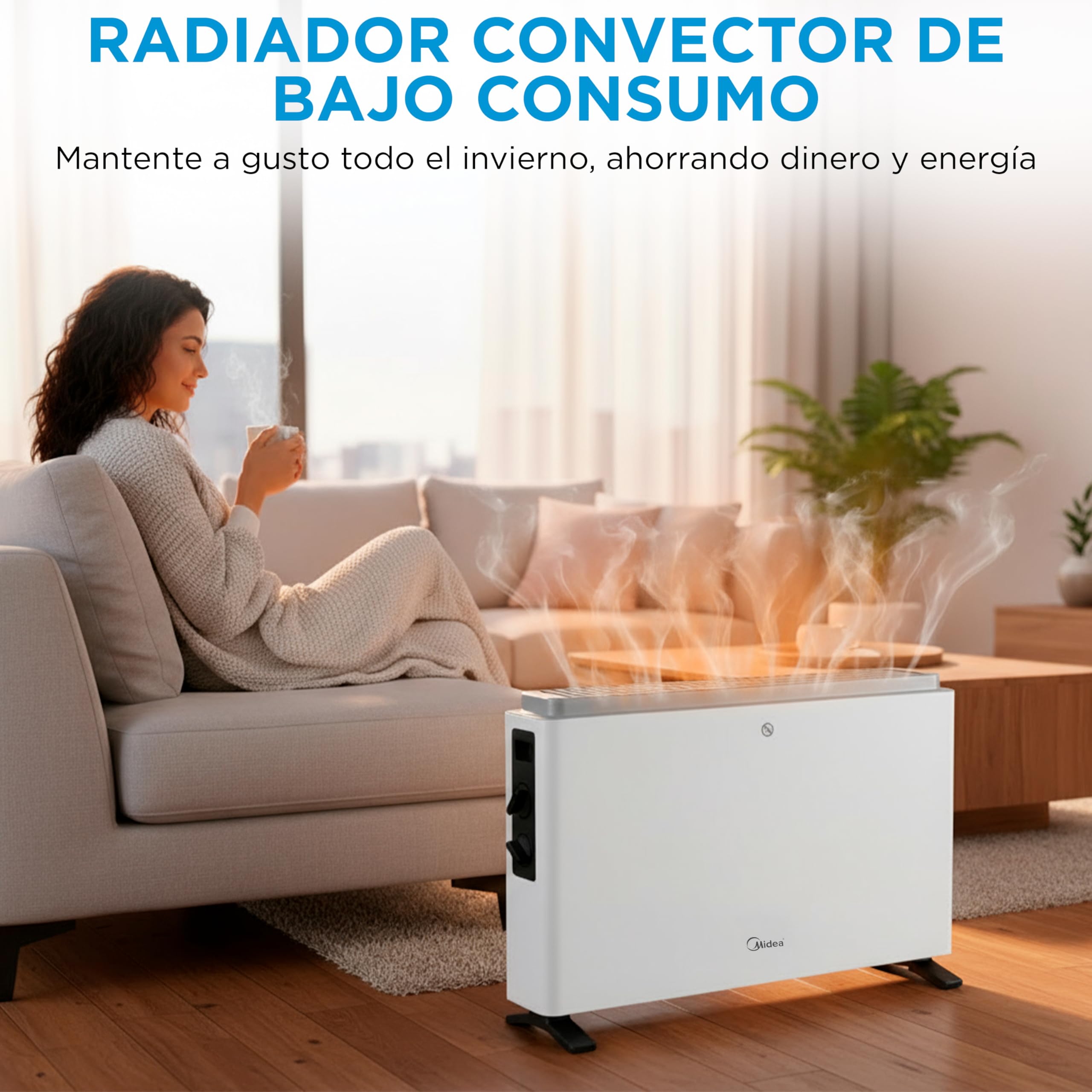 MIDEA Convector Radiador Electrico Bajo Consumo | 2000W | Calefactor Electrico con Termostato Regulable, Estufa eléctrica con 3 Niveles de Potencia, Emisor Térmico con Protección de Sobrecalentamiento