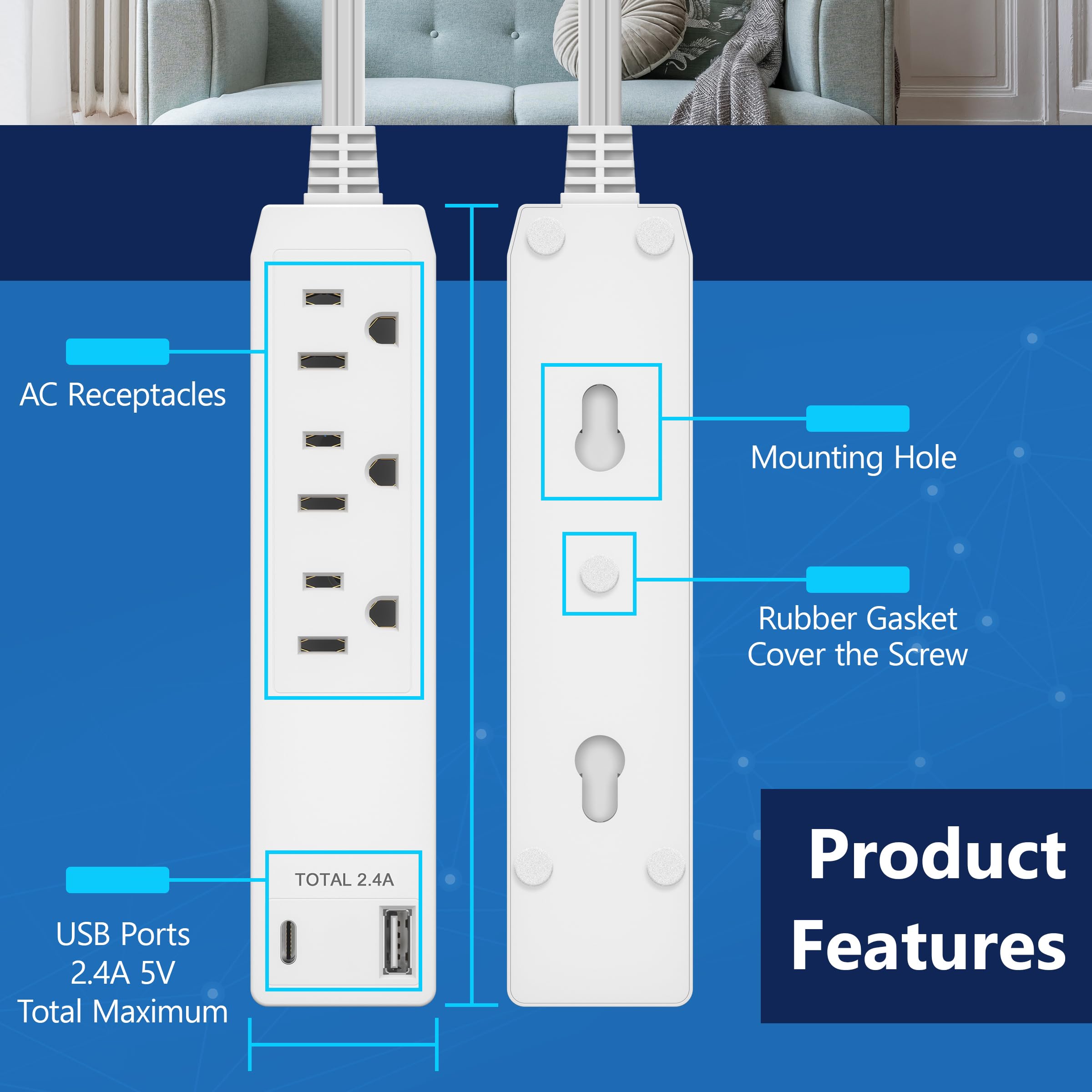 LIDER Steckerverlängerung mit 3 Buchsen, 12W USB, Typ A und USB Typ C, ultradünne Wandplattenstecker mit Kabelverlängerung, 3 Ausgänge, Netzfilter, flaches Gesicht, Fi-Design