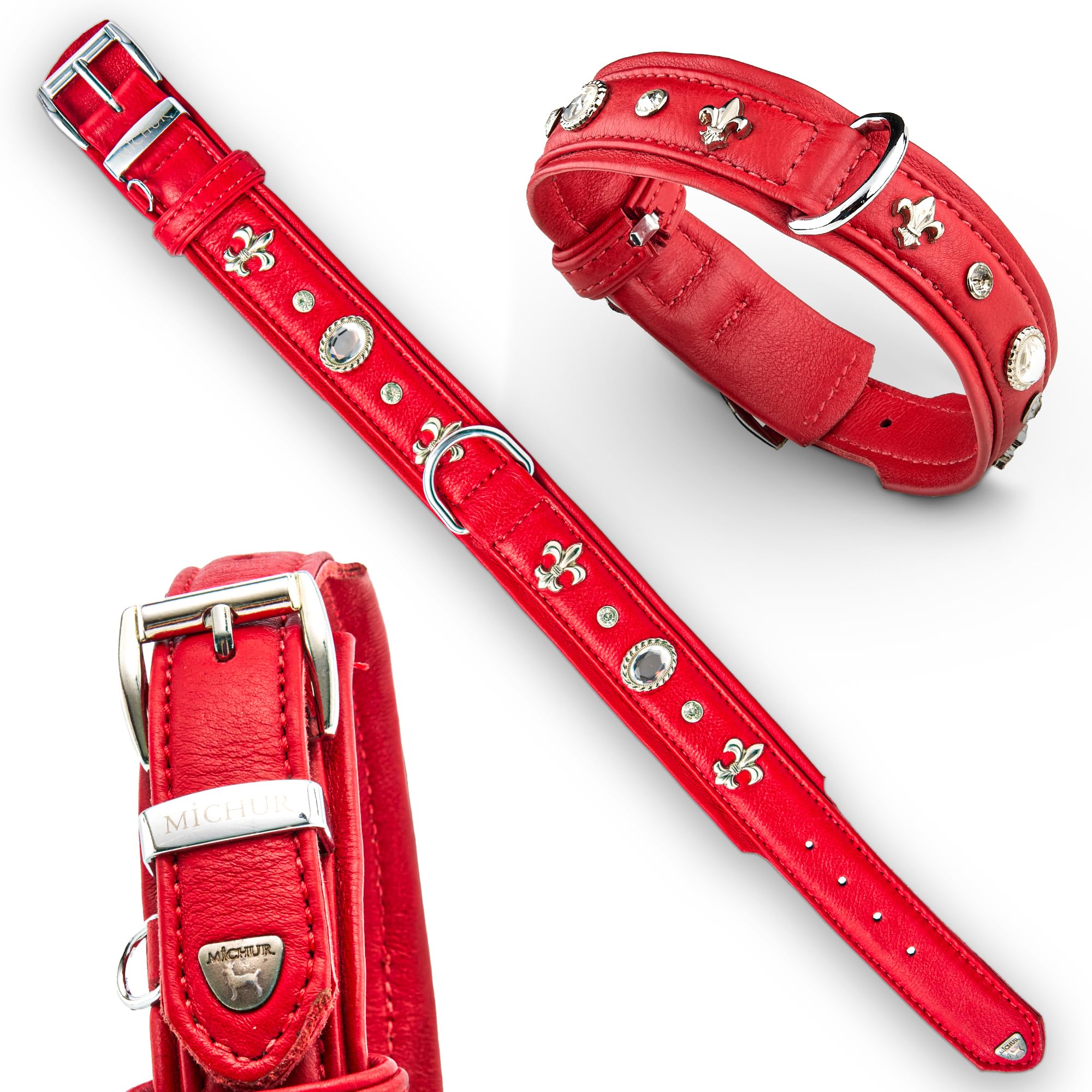 MICHUR Julieta Hundehalsband Leder, Lederhalsband Hund, Halsband, Rot, Leder, mit Lilien, Strasssteinen und großem Kristall