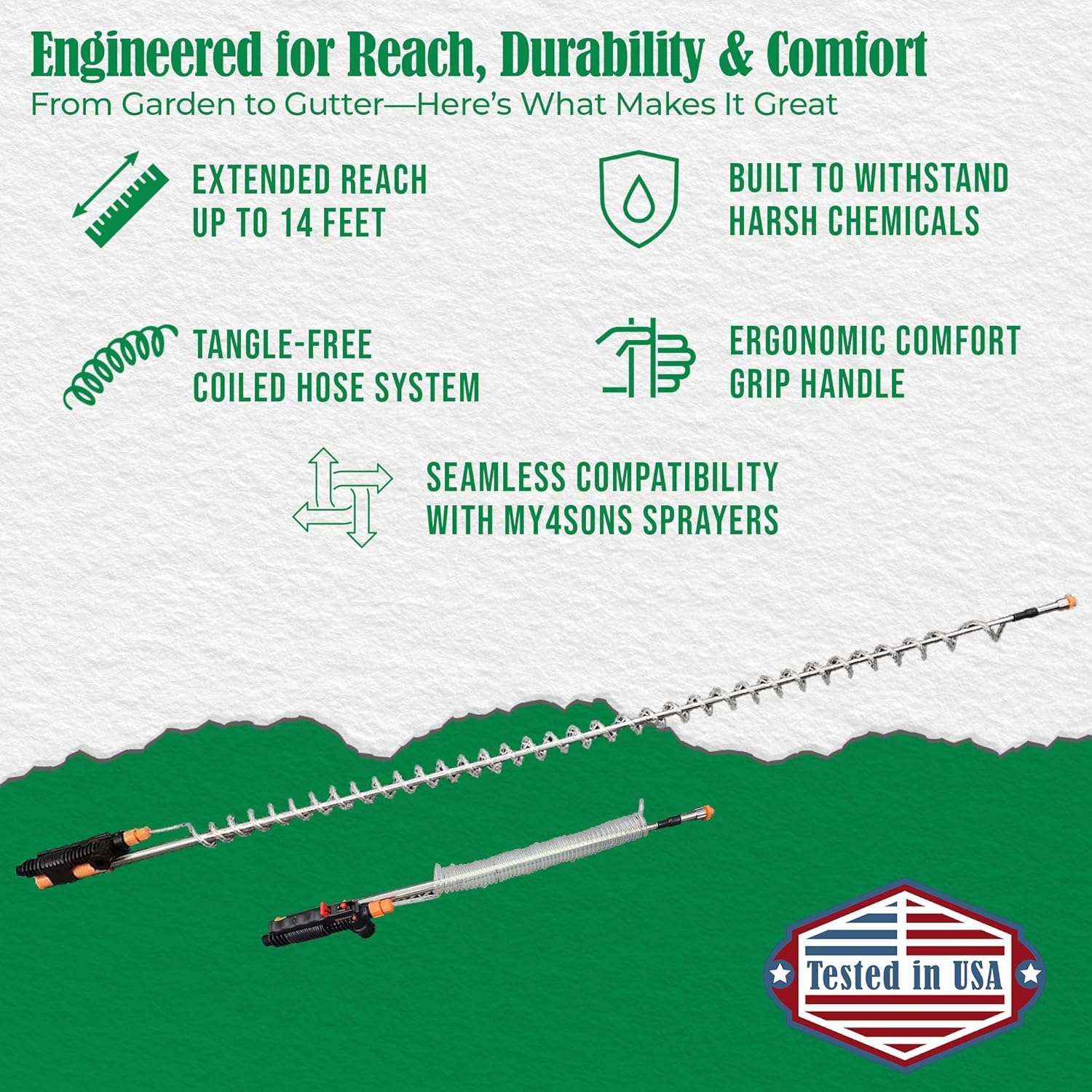 MY4SONS – 14ft Telescoping Spray Wand with Coiled Hose – Stainless Steel, Chemical Resistant – Adjustable Long Handle Wand for Garden Hose, Heavy Duty Hose Wand Sprayer for Easy Reach & Control