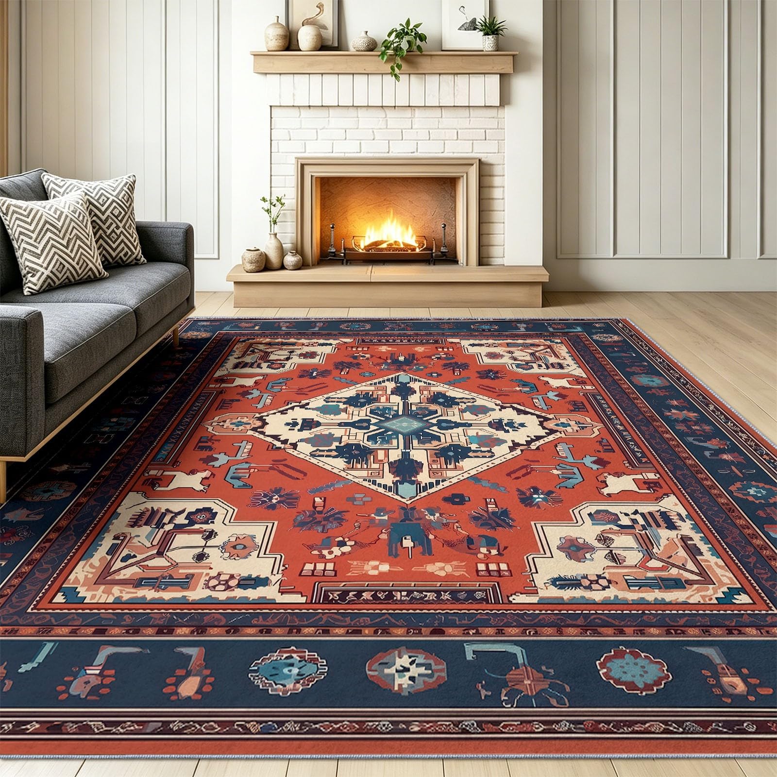 Boho Geometrisch Teppich Wohnzimmer 80 x 150 cm, Rot Blau Kurzflor rutschfest Waschbarer Teppich, Abstrakt Raute Rahmen Weich Teppiche für Schlafzimmer Büro Esszimmer Kinderzimmer