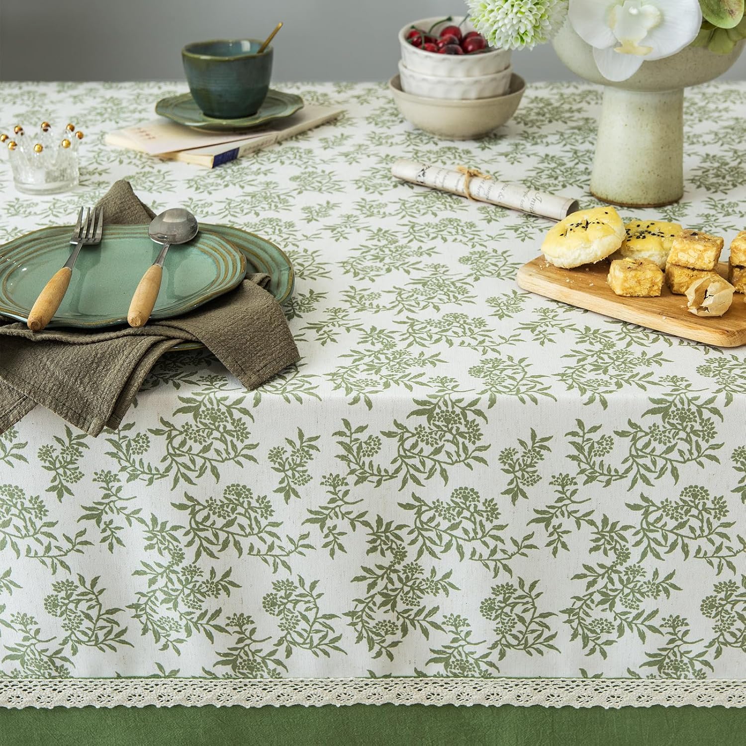 Rustic Tablecloth Solid Cotton Fabric Bordered Retro Tablecloths Classic Plant Leaf Printed Linen Fabric Table Cover Farmhouse Decoration 55x120 Inches Rectangle/Oblong Green for Kitchen