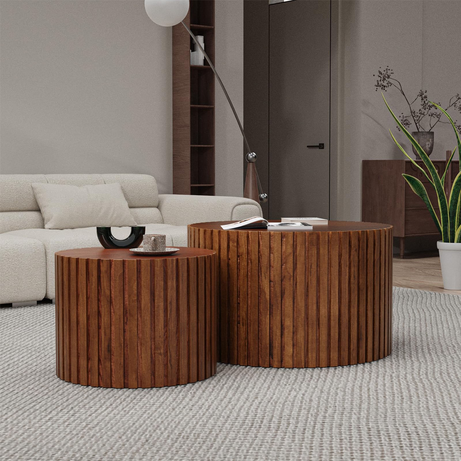Yyziwyun Brown Round Nesting Coffee Table Set Of 2 Handcraft Circle Fluted Nesting Coffee Tables Circular Side Table Drum Accent End Tables For Living Room Bedroom,