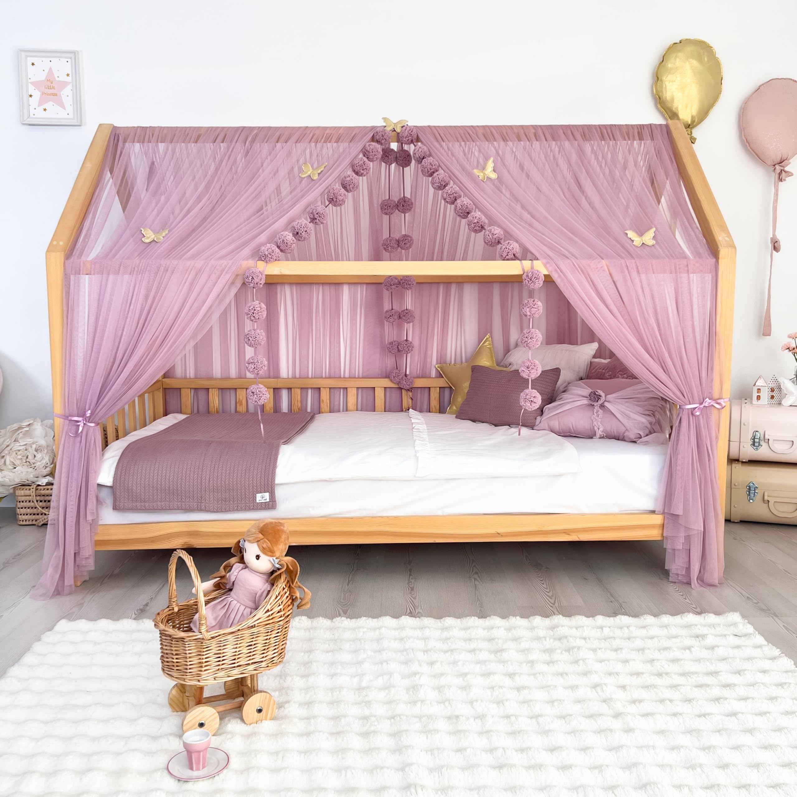 Montessori - Toldo de cama para habitación de niños y niñas, elegante decoración de tul para habitación de niños, cortina de cama para niños pequeños con drapeado suave (lila polvoriento, 380