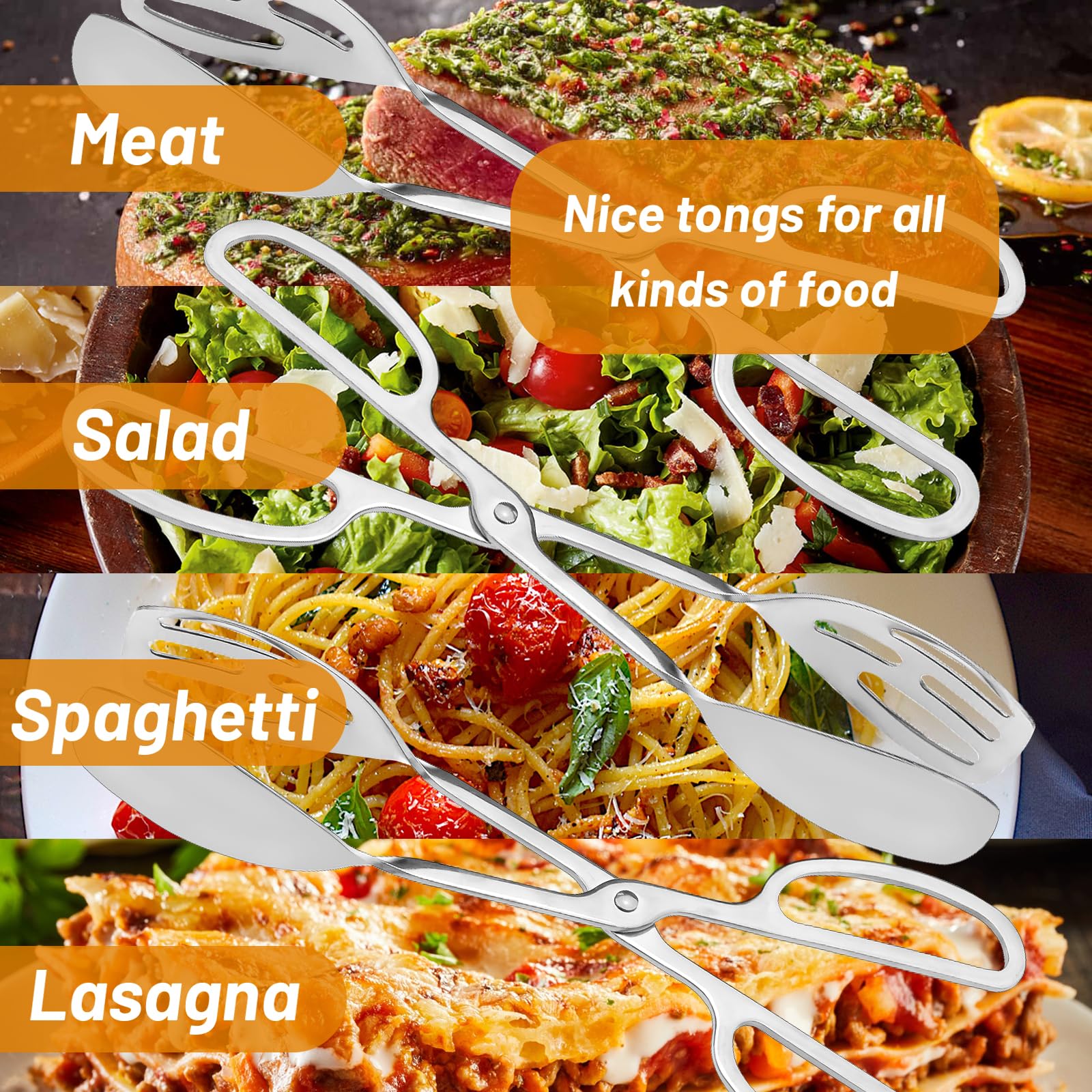Lot de 3 pinces à salade en acier inoxydable pour service de buffet, pinces à salade pour cuisine, cuisine, cuisine, buffet, restauration (argent)