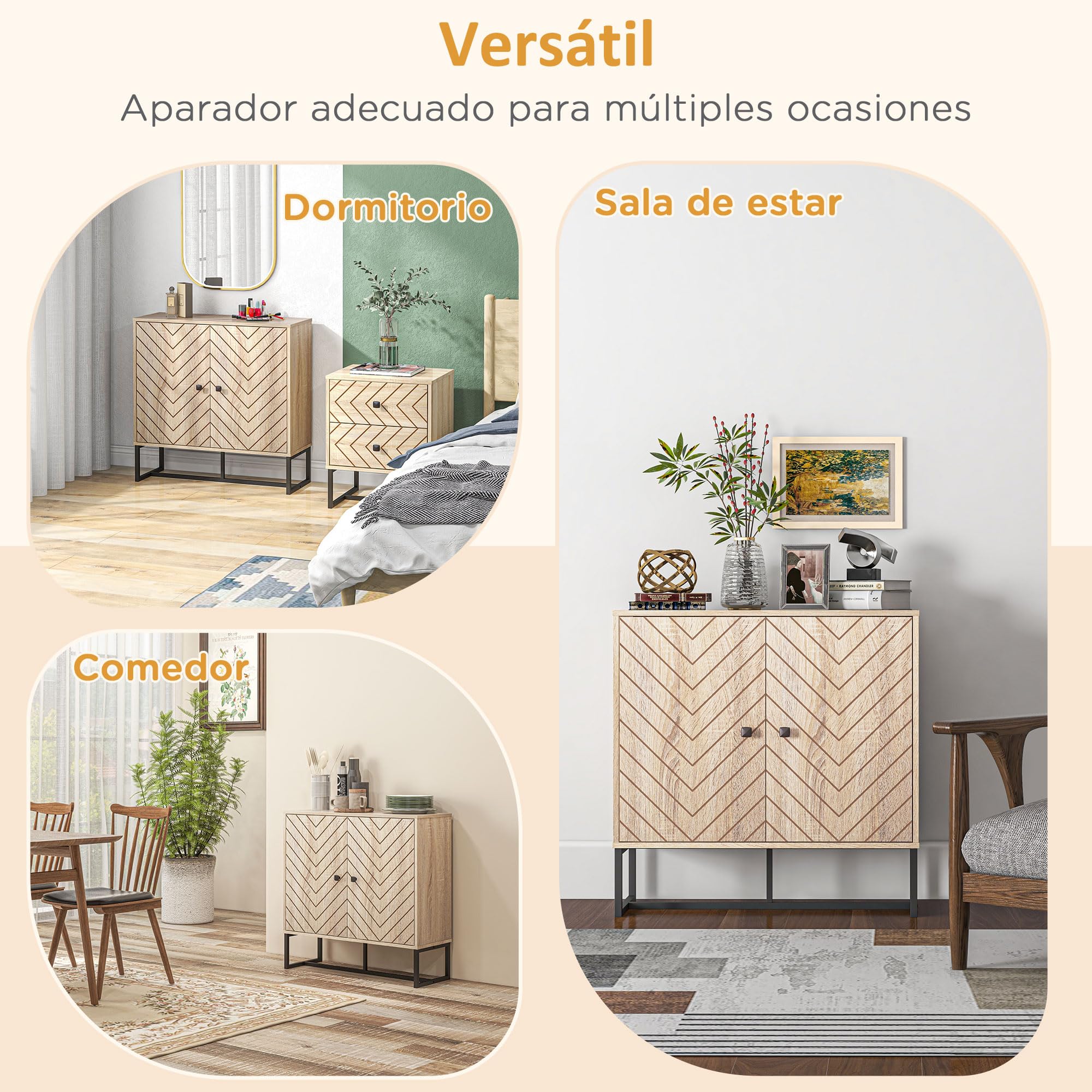 HOMCOM Aparador de 2 Puertas Diseño Chevron 80x29,5x80 cm Roble | Aparador de Salón, Estantes Ajustables, Patas de Metal, Armario para Cocina, Entrada, Dormitorio
