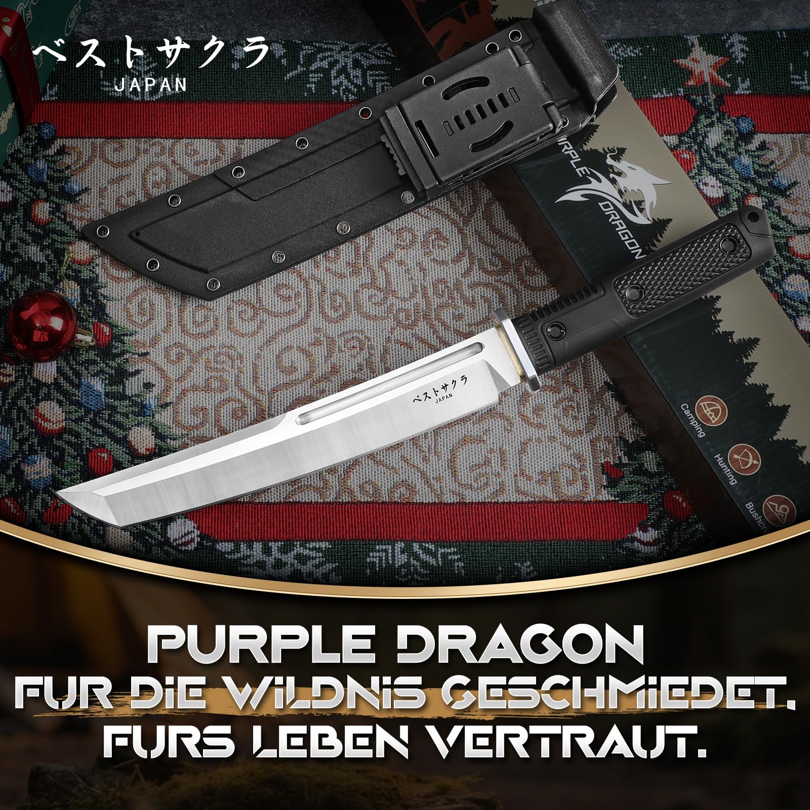 Purple Dragon Tanto Messer Japan - Messer Outdoor mit G10 Griff - D2 Stahl | 6mm Klingenrücken, Hohlkehle, G10 Griff, Aus einem Stück D2 Stahl handgeschmiedet, Geschenk für Männer,Messer Bushcraft