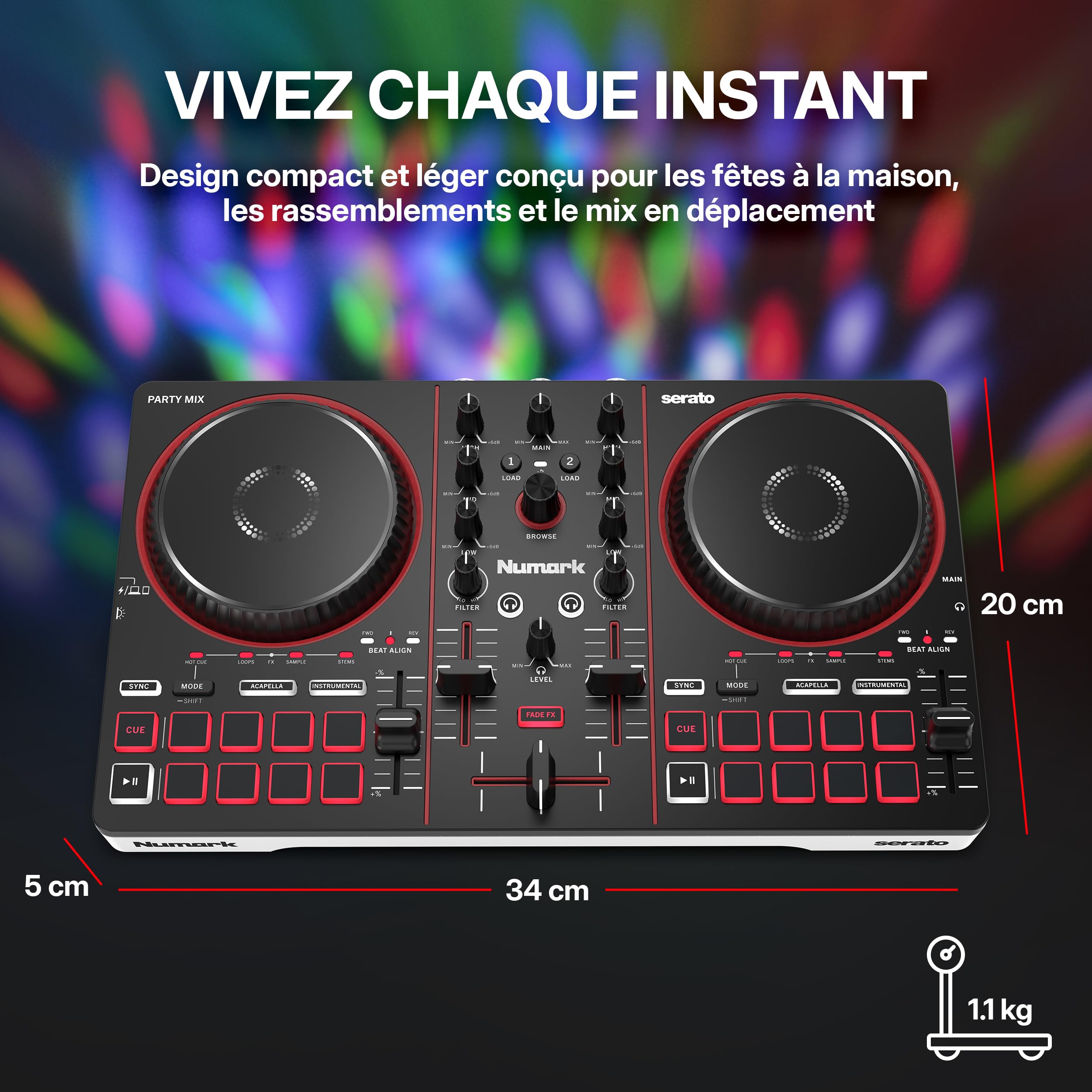 Numark Party Mix III Contrôleur DJ Bluetooth à Lumières Intégrées | Beat Assist, Smart Fader, 16 pads, mixeur DJ 2 decks, contrôle Stems, USB-C, Serato DJ Lite et Algoriddim djay inclus