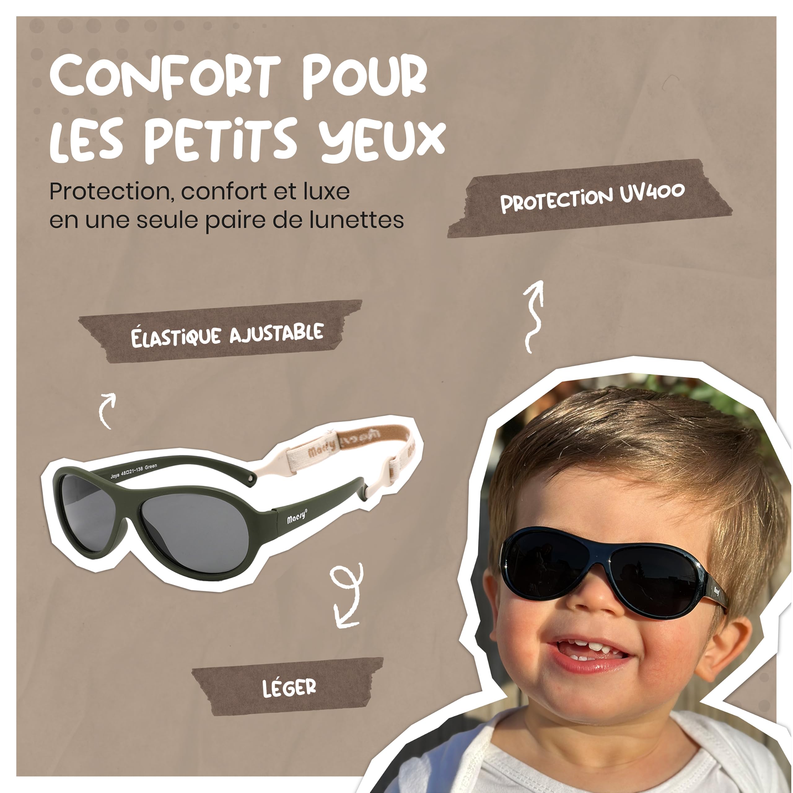 Lunettes de Soleil Bébé - 0-2 Ans - Protection UV400 Polarisée - Cadre Flexible et Pliable - Bande Élastique Réglable - Lunettes de Soleil Sûres et Confortables - Pour Enfant – Joya