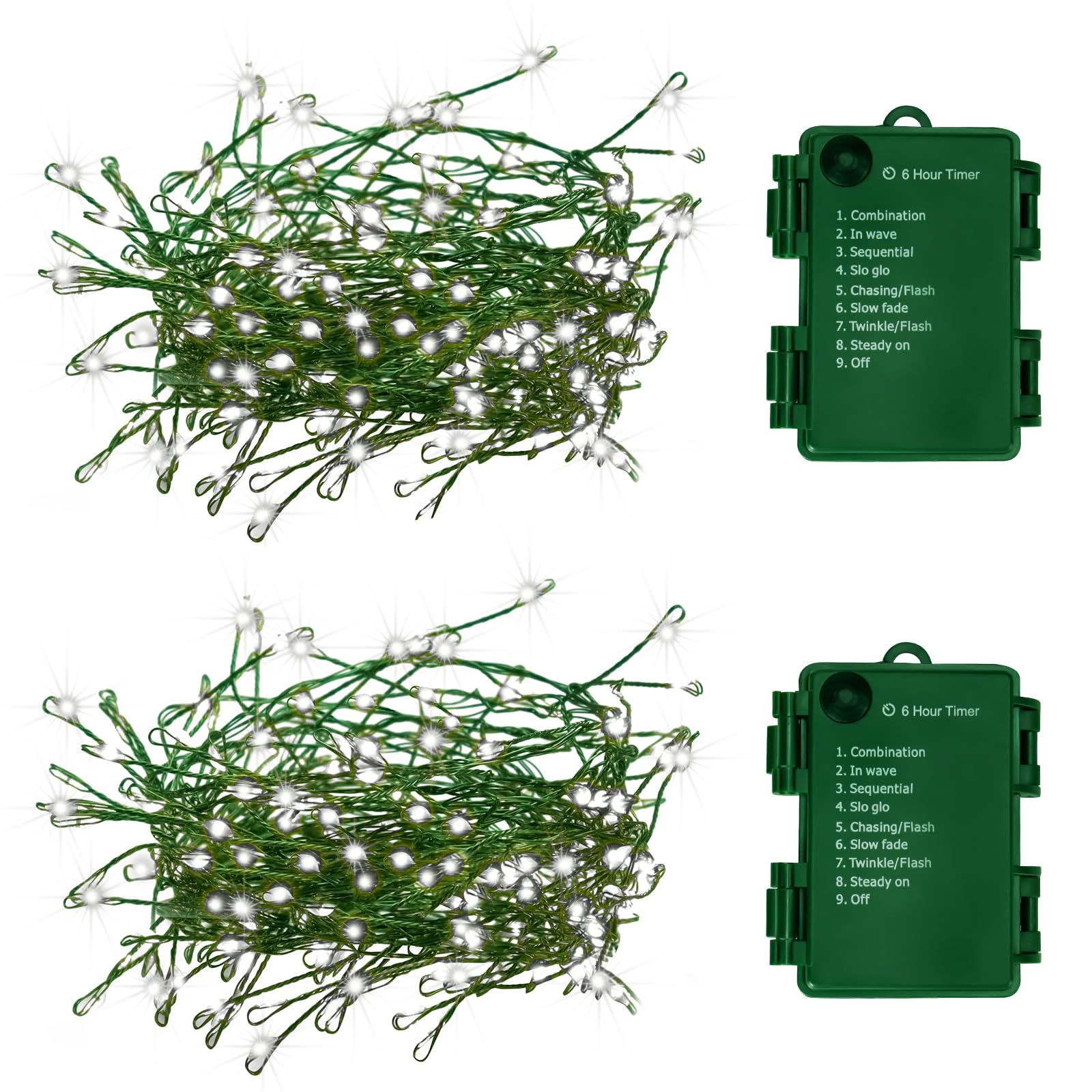 FairyGlim 2 Stück batteriebetriebene Weihnachtsbeleuchtung, 3 m, 100 Mikro-LEDs, Lichterkette mit 8 Modi und Timer, grüner Kupferdraht für Innen- und Außenbereich, Weihnachtsbaumkranz, Girlande