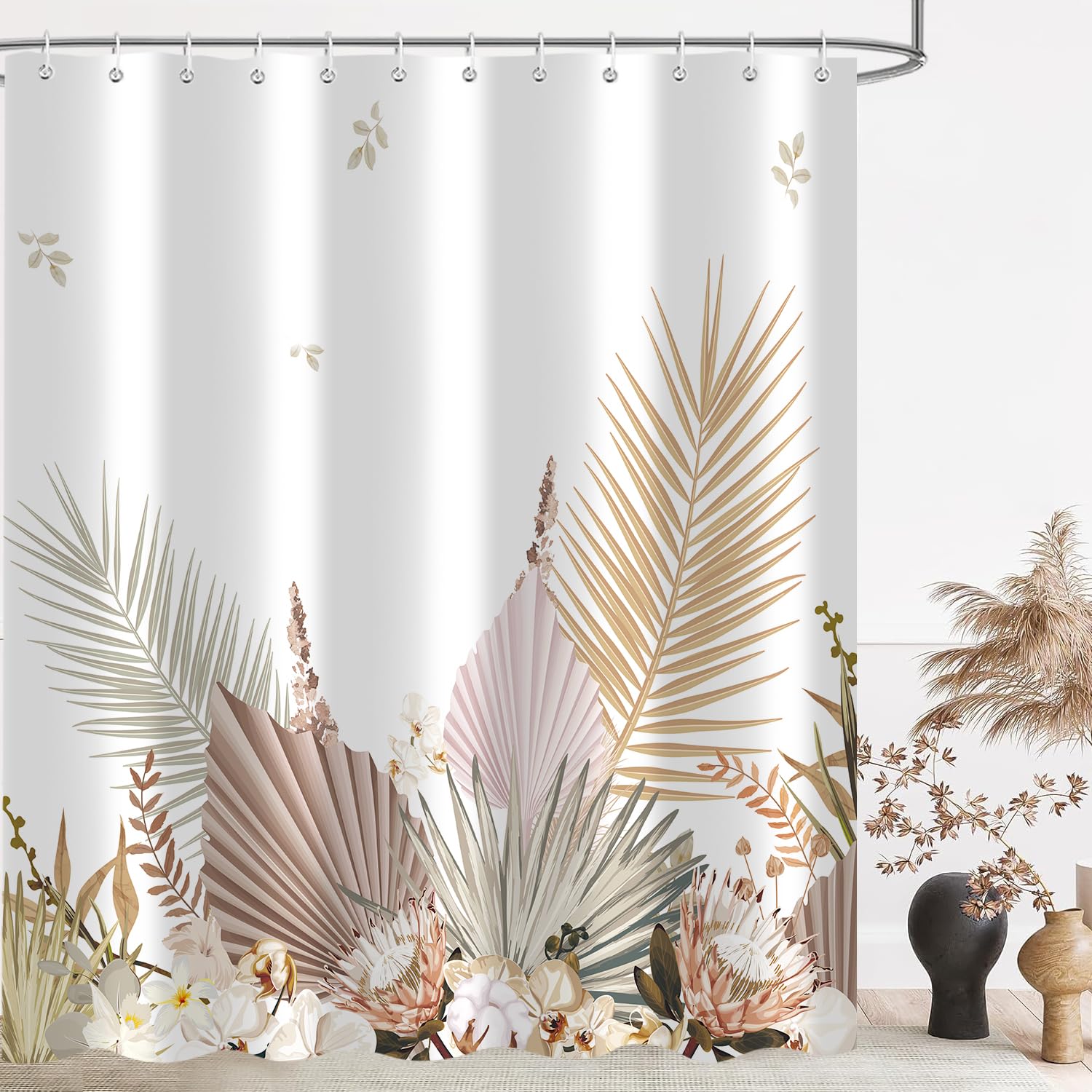 JAZEAOI Boho Leaves Shower Curtain 72x72 Inch, Watercolor Tan Beige Floral Plant Leaf Bath Curtain Watercolor Farmhouse Waterproof Shower Curtains for