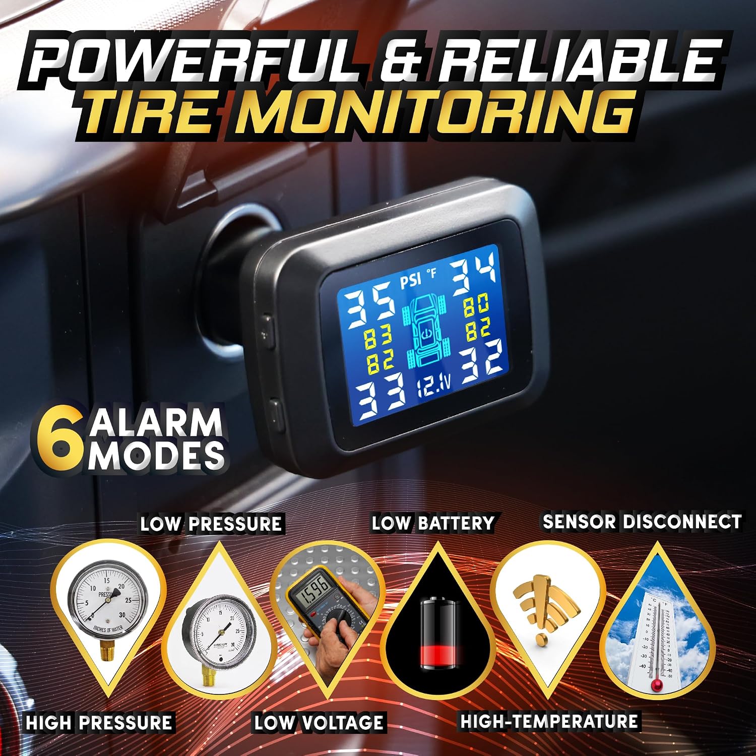 MARCALA Plug-In TPMS Tire Pressure Monitor System | Set of 4 Tire Pressure Sensor | Tire Pressure Monitoring system for Cars, Trucks, Vans(0-98PSI) | 32Ft Range Tire Monitoring System w/ 6 Alarm Modes