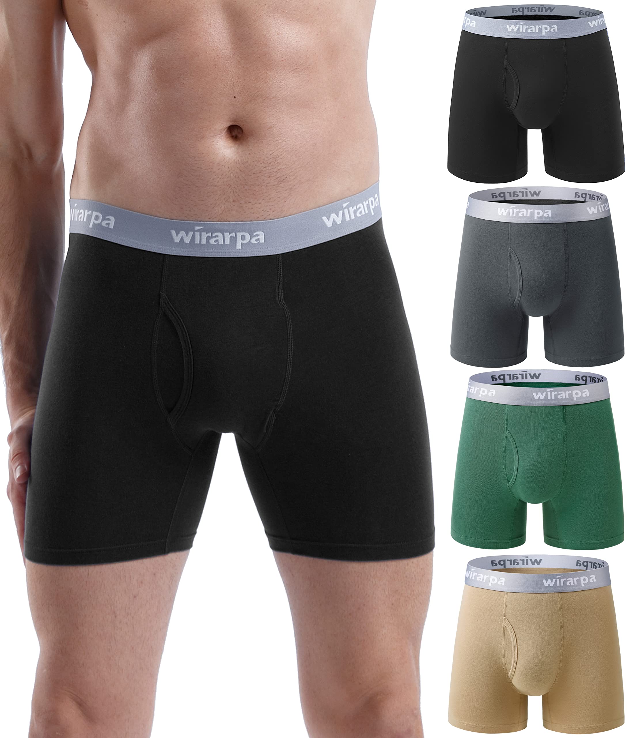 wirarpa Men's Boxer Briefs Cotton Stretch Underwear Open Fly Tagless Underpants Regular Leg 4 Pack