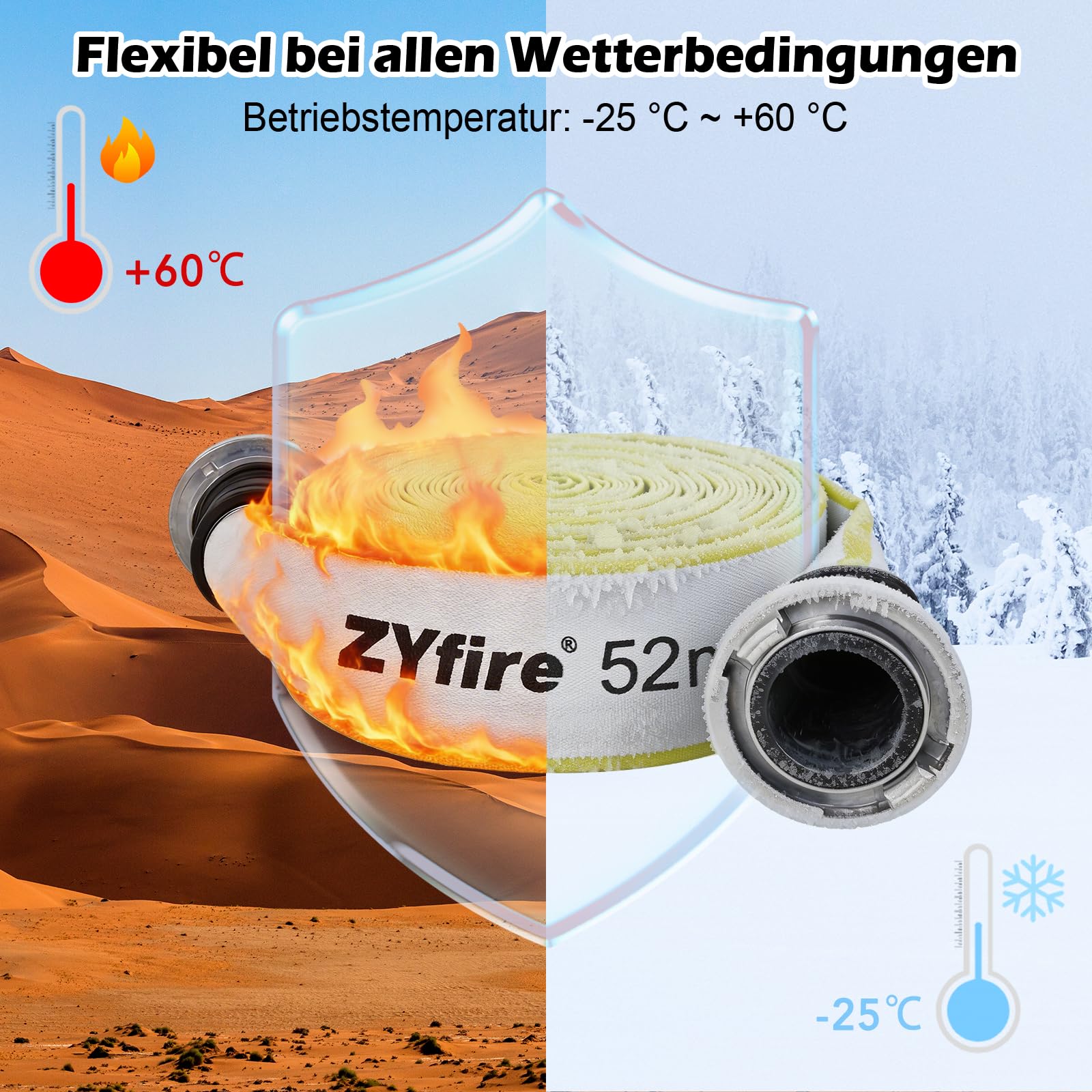 ZYfire Feuerwehrschlauch 52mm x 30m | 2 Zoll Schlauch mit C-Storz Kupplung | Flexibler Wasserschlauch für Industrie Gebäude, 10 Bar Betriebsdruck, -25°C~+60°C, Korrosions- & Abriebfest, Flach Aufrollbar