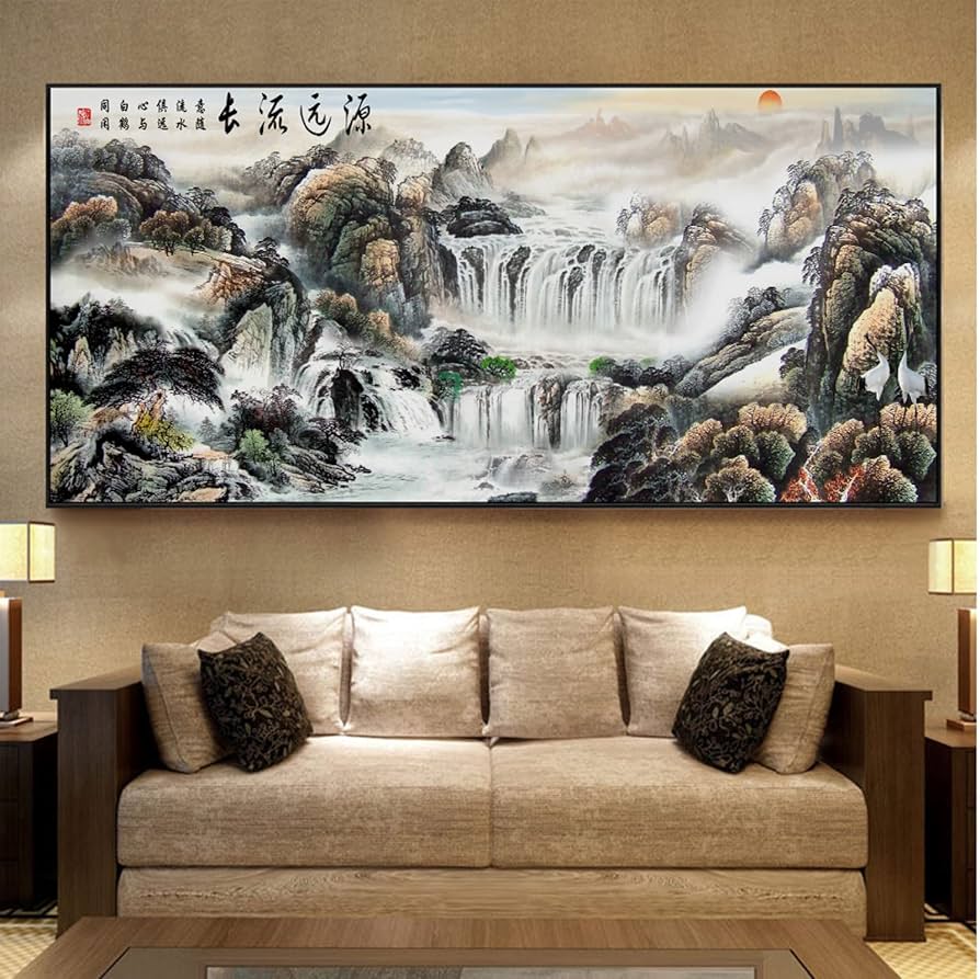 Amazon.co.jp: 自然の風景キャンバス絵画古典的な風景画滝は長い