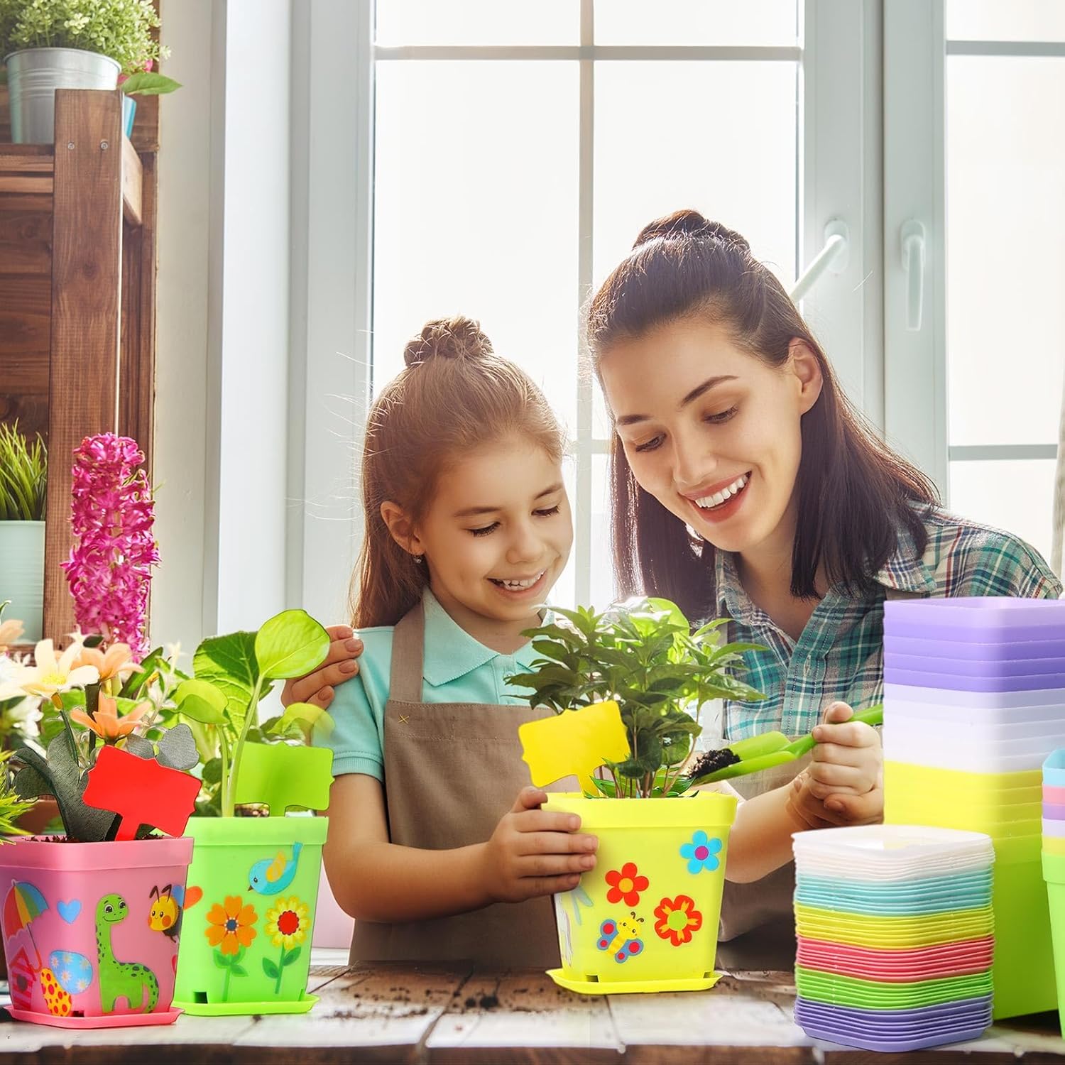 Capoda 48 Sets Garden Flower Pots Crafts Kit DIY Spring Plastic Seedling Nursery Pots with Stickers Plant Labels Growth Charts Planting Growing Tools Classroom Activities Project Gifts (Square)