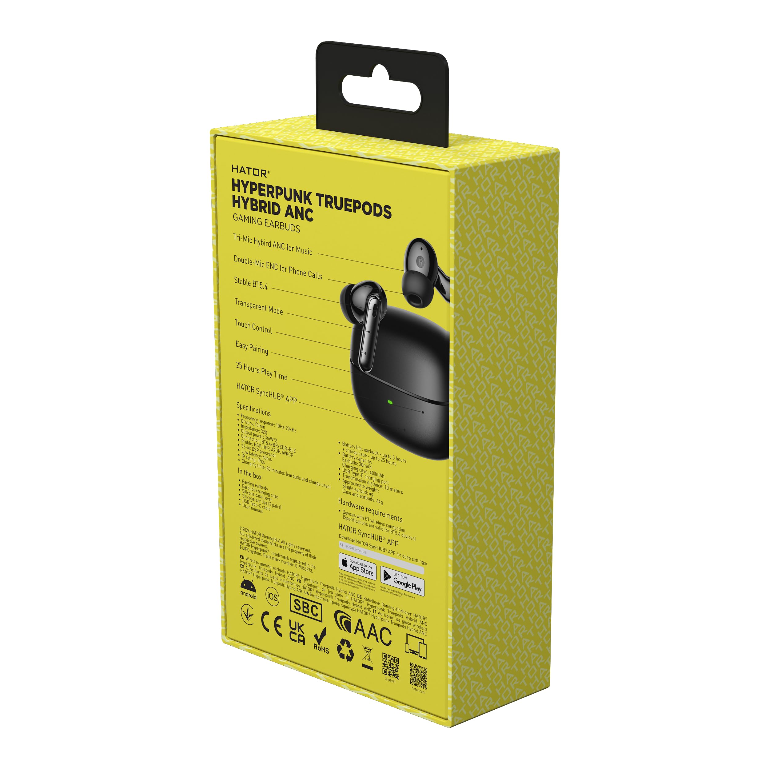 HATOR Hyperpunk Truepods Hybrid ANC - Cuffie in-ear Bluetooth 5.4 con Hybrid Active Noise Cancelling, batteria 25h, modalità di trasparenza, bassa latenza 40ms, IPX4, controllo touch, nero