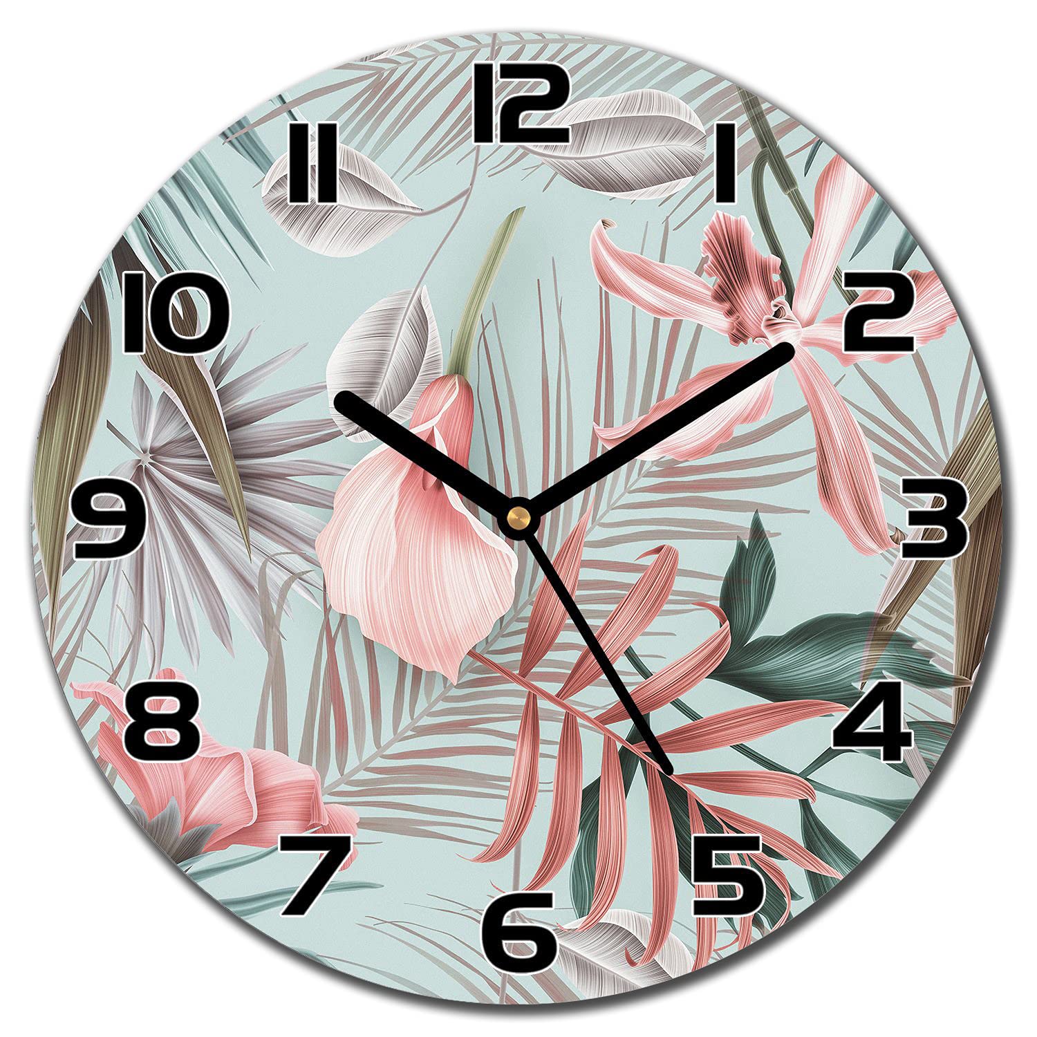Horloge en Verre Fleurs Pastel 30cm avec Aiguilles Noires pour Salon