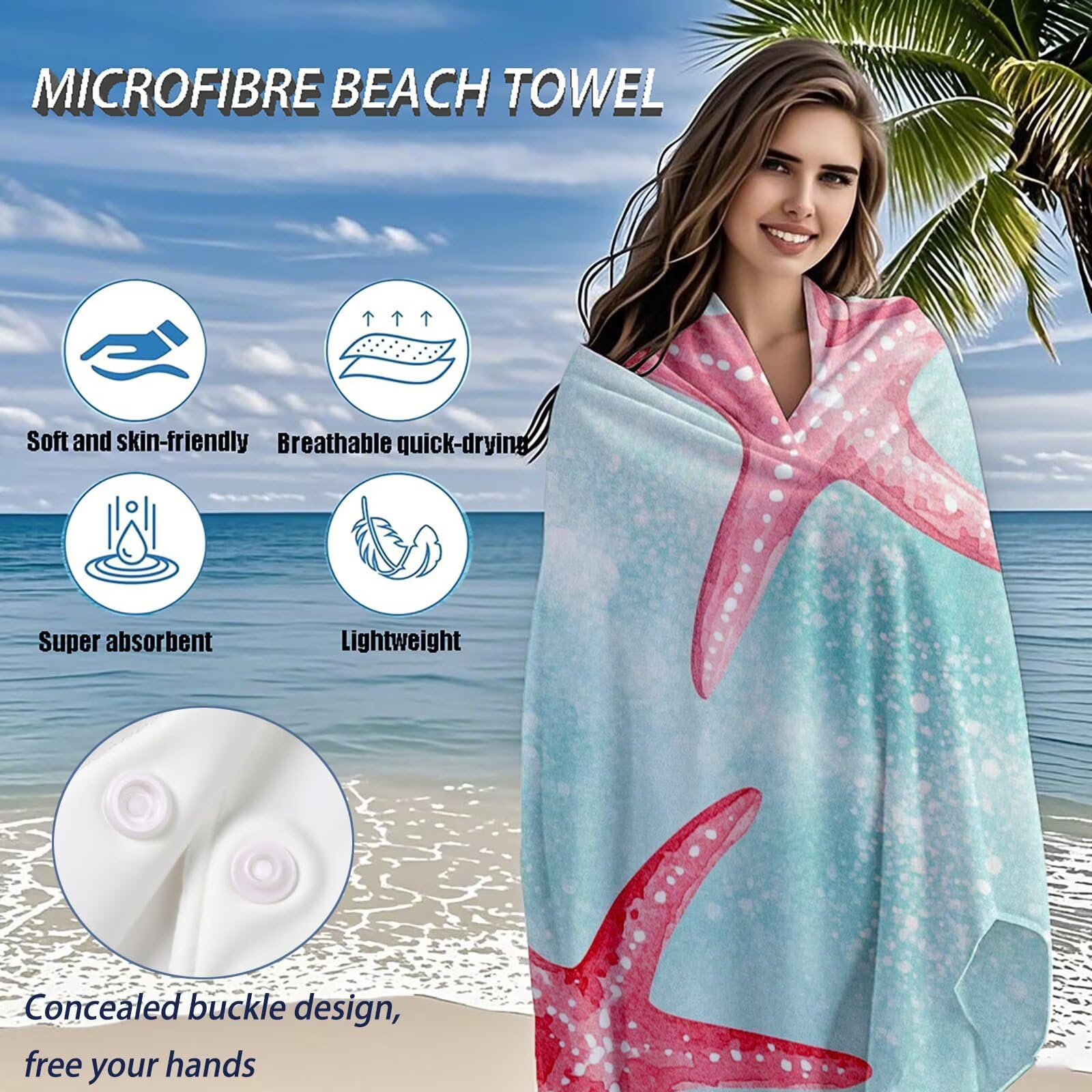 Serviette de Plage Microfibre Serviette Plage 100x150 cm 2 Pack Séchage Rapide Anti-Sable Absorbante Fonction drap de plage xxl pour Bain Sport Voyages Sauna Piscine Yoga, avec Sac Étoile de mer Q-667