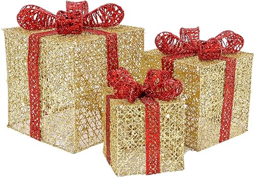Sunnyglade Juego de 3 cajas de regalo iluminadas de Navidad con lazos, cajas de regalo para Navidad, bodas, patio, hogar, decoración de arte festivo