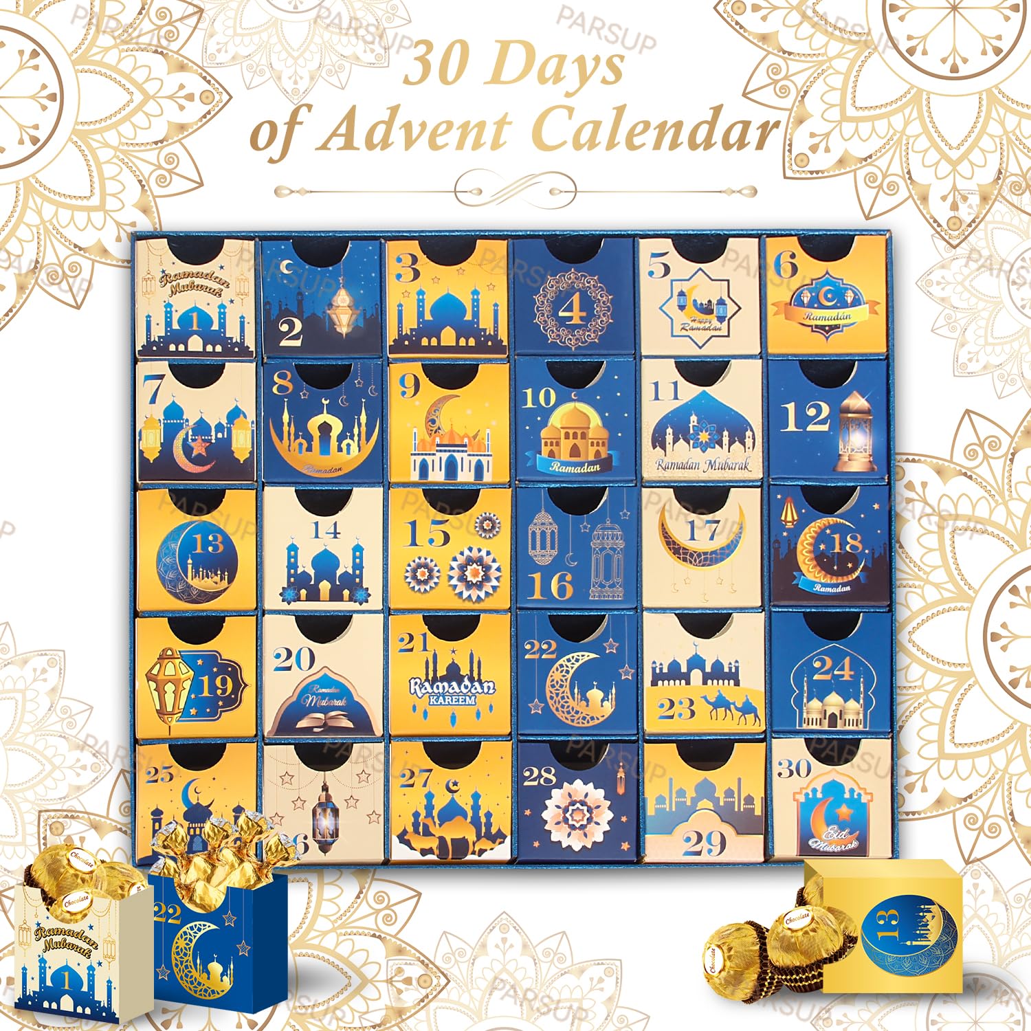 Calendario dell'avvento del Ramadan con cassetti, 30 scatole vuote per 30 giorni, calendario Eid Mubarak Coutdown riempibile, scatola regalo per Ramadan, arte islamica, scatola di cartone per riporre