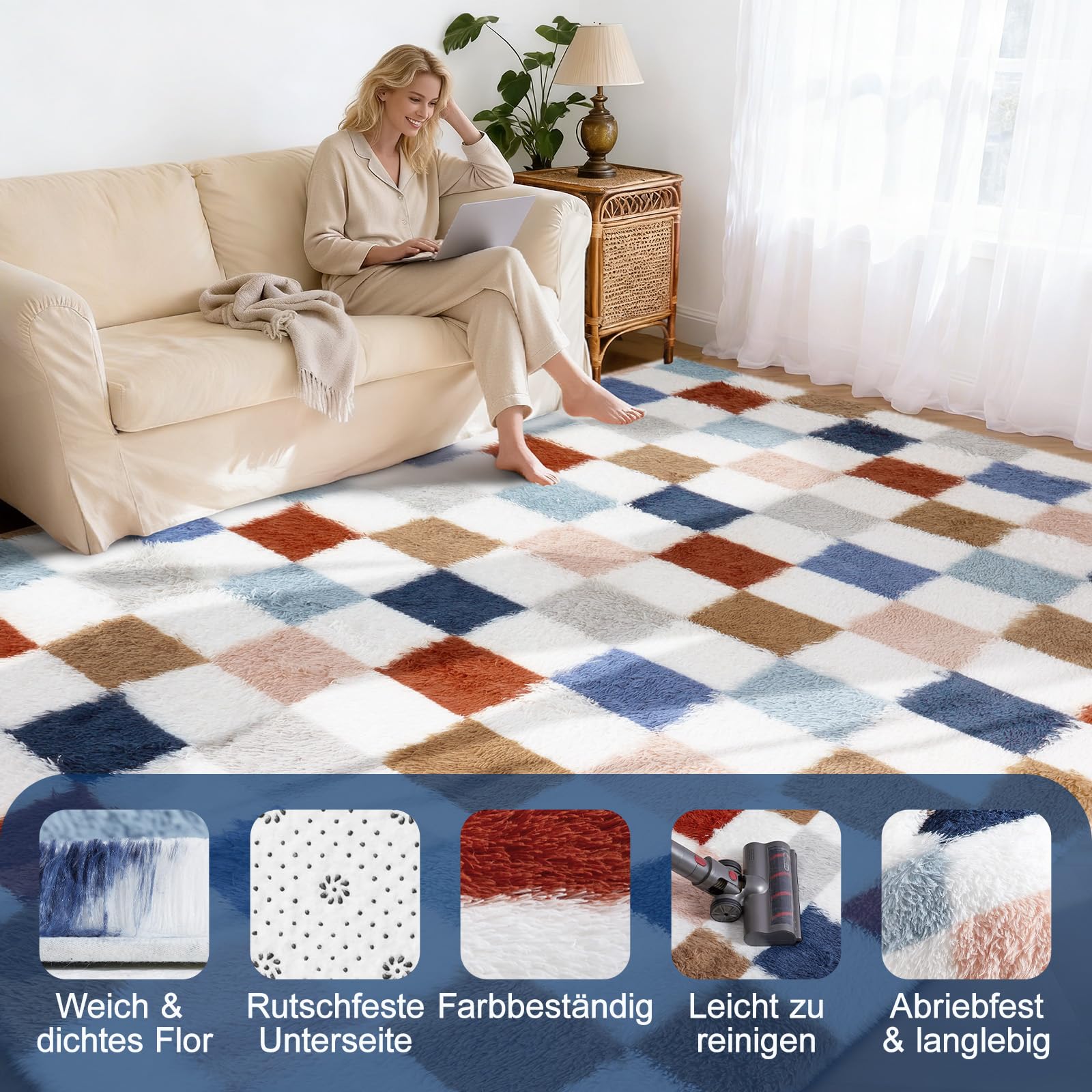 Flauschiger Teppich 200 x 300 cm Waschbar für Wohnzimmer(Farbe) | Anti-Rutsch Moderne Extra großer Teppich fürs Kinderzimmer, Schlafzimmer